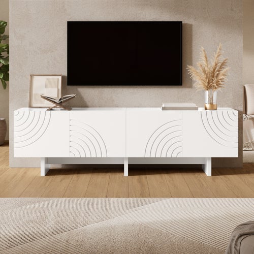 Nowoczesna szafka RTV 170x35x50 cm - Z 4 drzwiami - Wzór łukowy i tłoczony wzór - Płyta MDF + płyta wiórowa - Biała