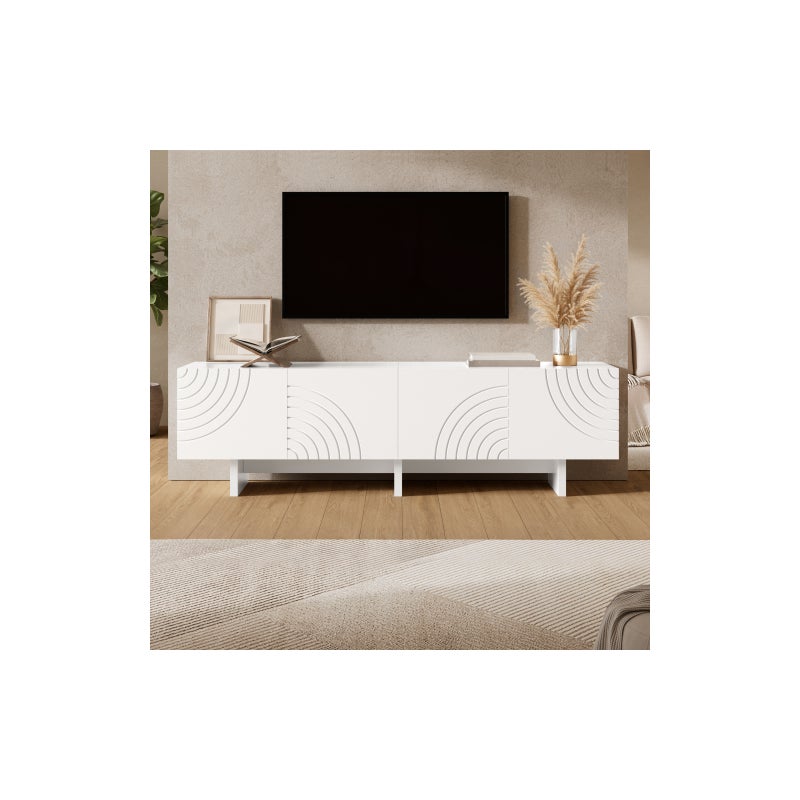 Nowoczesna szafka RTV 170x35x50 cm - Z 4 drzwiami - Wzór łukowy i tłoczony wzór - Płyta MDF + płyta wiórowa - Biała