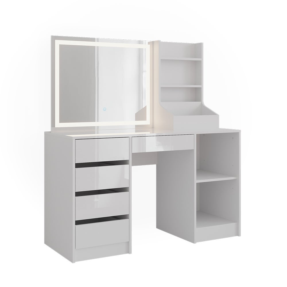 Vicco Stół toaletowy Sherry, Biały/Biały wysoki połysk, 128.2 cm z lusterkiem LED