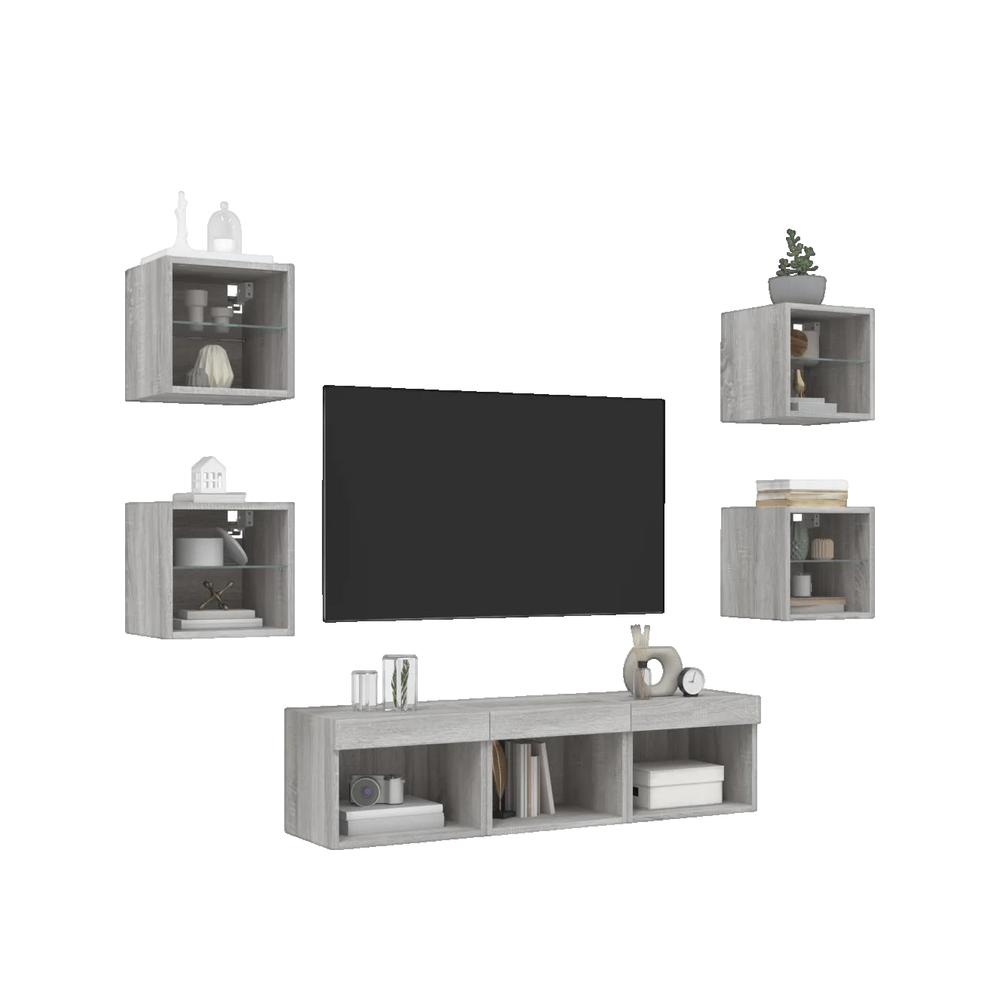 Moduły ścienne do telewizora vidaXL szary Sonoma z drewna inżynieryjnego z RGB LED i dużą pojemnością