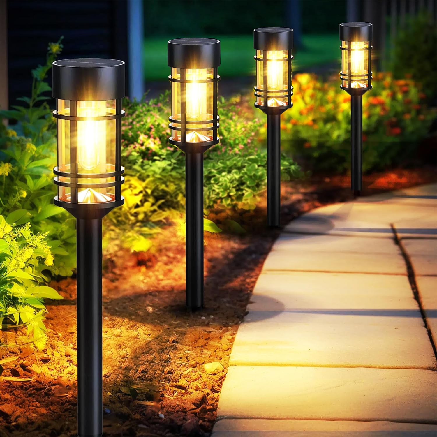 Zestaw 4 zewnętrznych lamp solarnych do ścieżek, IP65, wodoodporne, jasne oświetlenie ogrodowe, automatyczne włączanie/wyłączanie