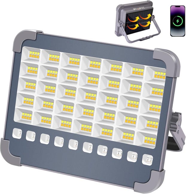 Reflektor LED 100 W, 10000 lm, akumulatorowy, z panelem słonecznym, 5 trybami oświetlenia i zewnętrznym akumulatorem 6000 mAh do użytku na kempingu,