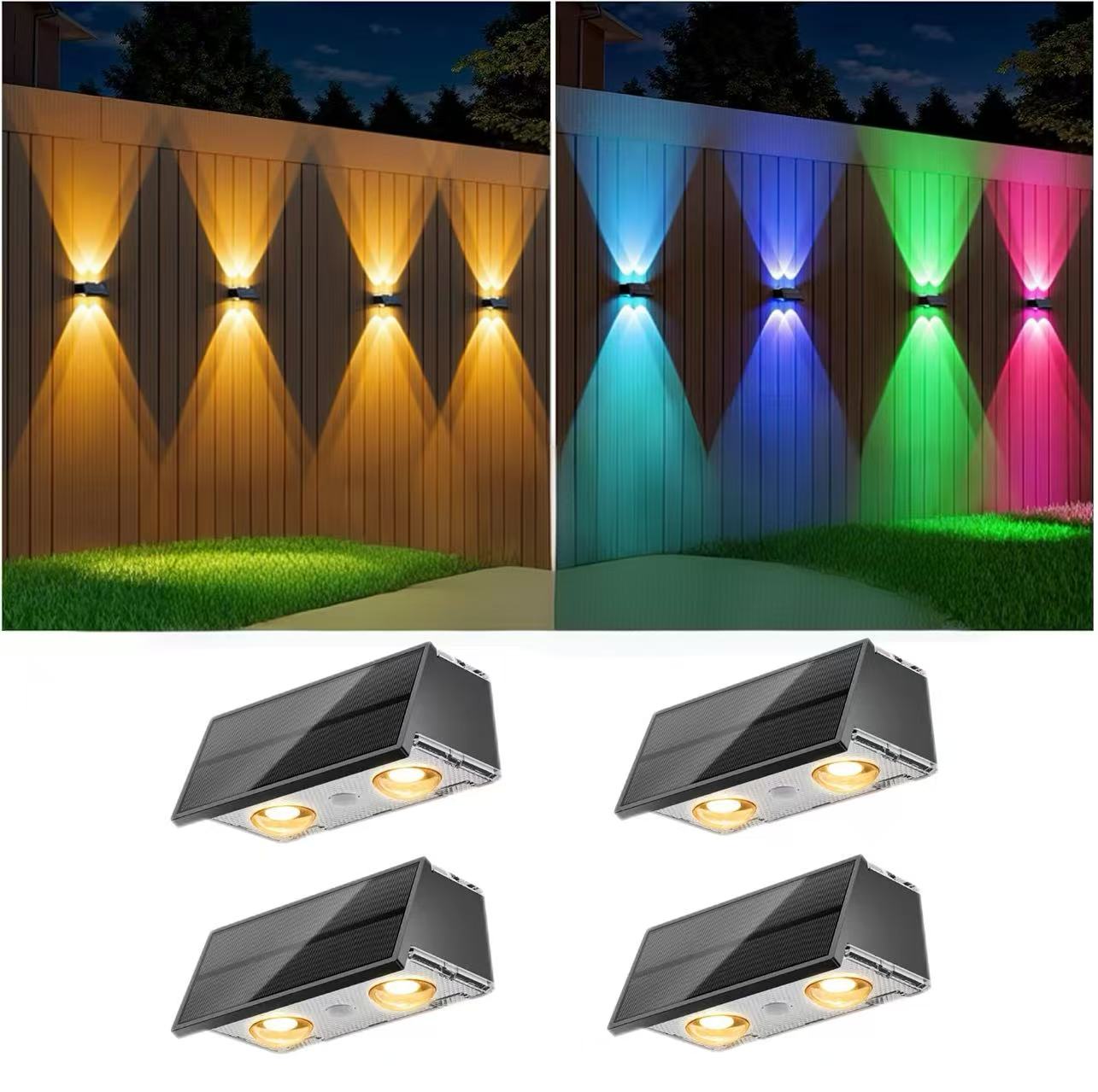 Zestaw 4 lamp solarnych, oświetlenie zewnętrzne LED + RGB, wodoodporne oświetlenie do ogrodu, odpowiednie do ogrodu, basenu, tarasu, ogrodzenia.