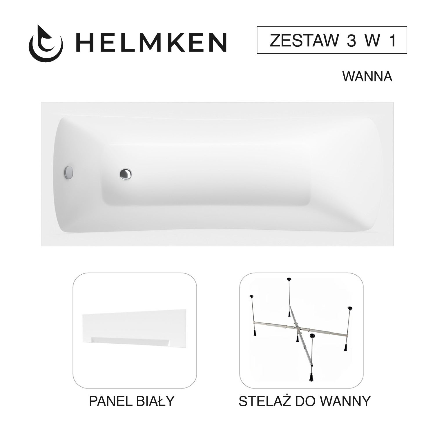 Wanna akrylowa Helmken Luna 170 х 70 + Panel Biały + Stelaż uniwersalny do wanien Helmken 21230020 / 23093004-3S