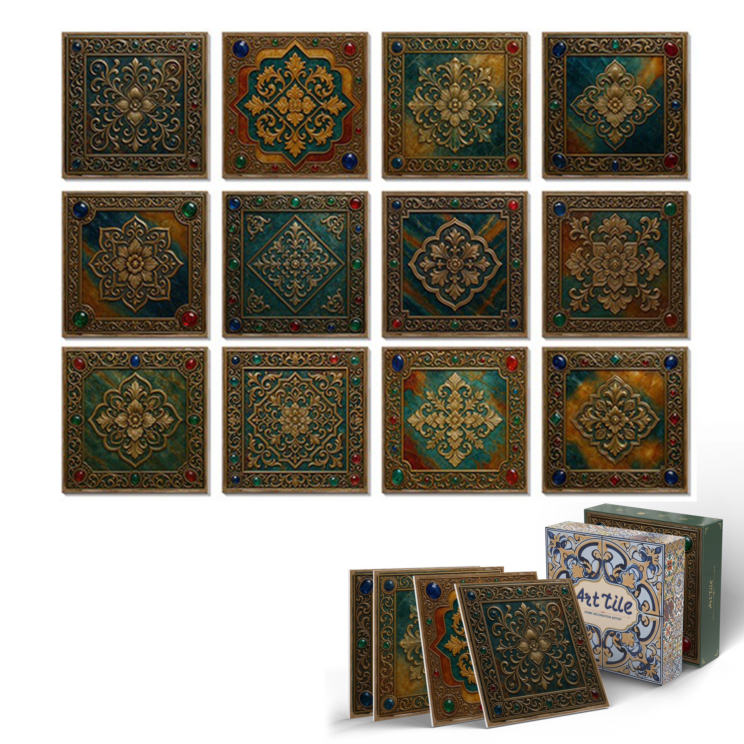 12 sztuk naklejek na płytki ścienne 15×15cm – Styl retro Śródziemnomorski & barokowy, wodoodporne naklejki z słońcem i księżycem(H)