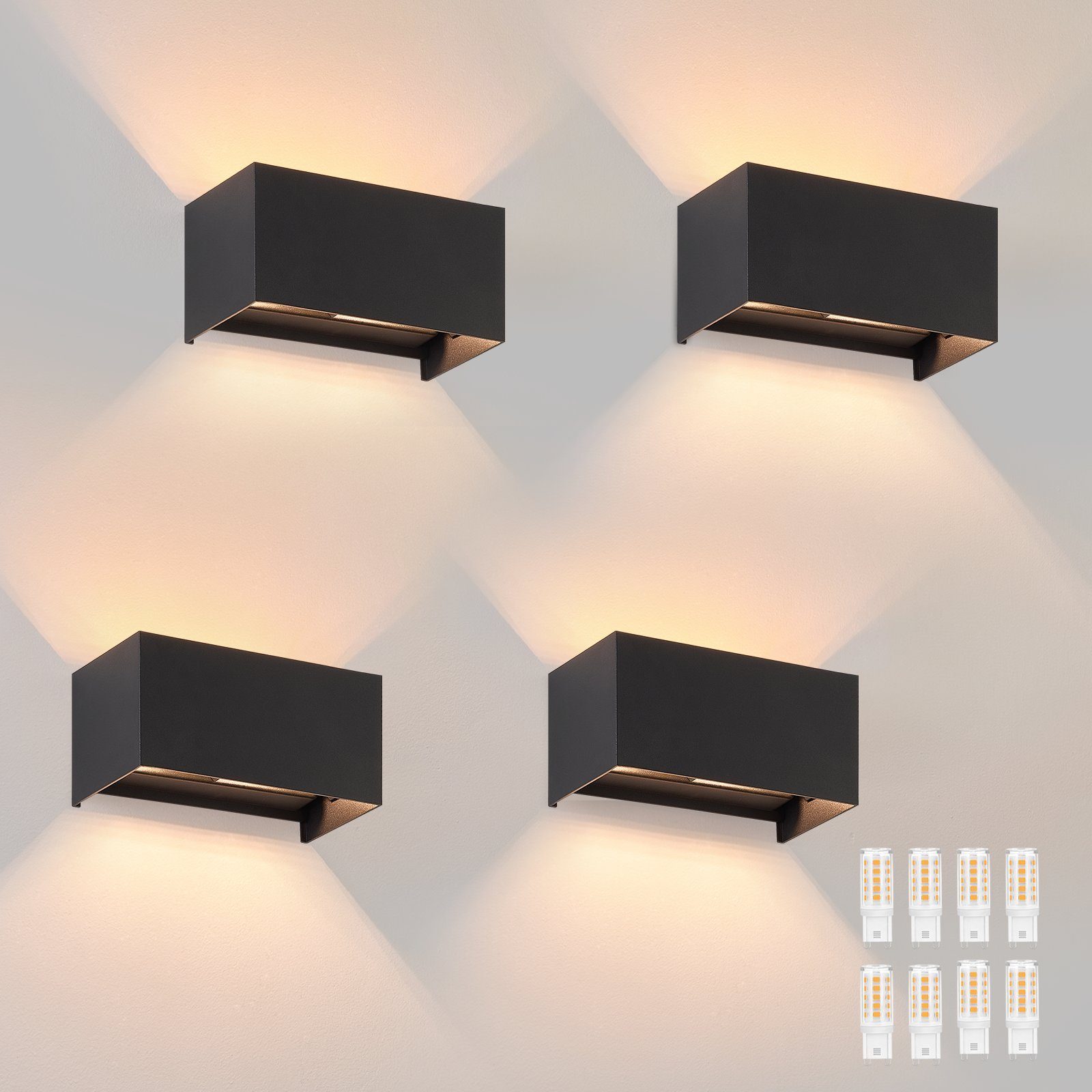 NETTLIFE 4 czarne zewnętrzne kinkiety LED, oświetlenie góra/dół, IP65, ciepłe białe światło G9