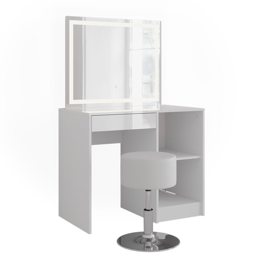 Vicco Stół do toalety Sherry, Biały/Biały wysoki połysk, 89.8 cm z lustrem LED i stołkiem