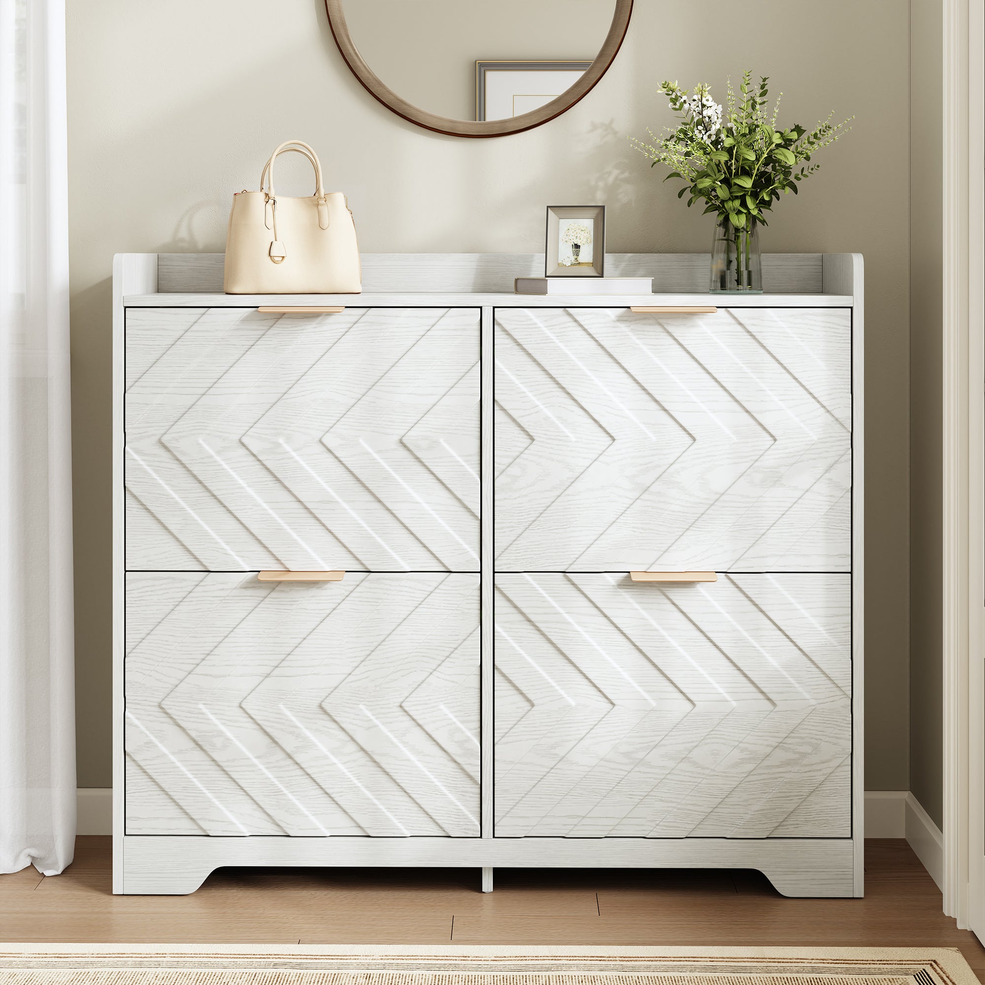Szafka na buty 105x24x90 cm - z 4 składanymi półkami - panele teksturowane 3D - półka górna - płyta MDF - biała