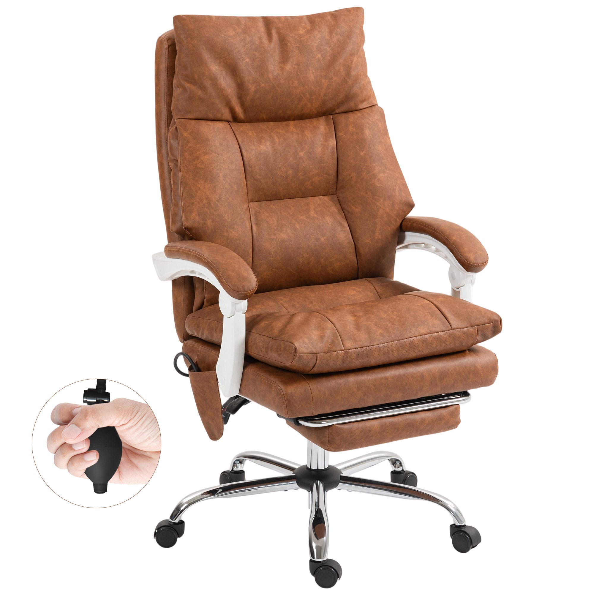 Ergonomiczny fotel biurowy, skórzany fotel biurowy z nadmuchiwanym podparciem lędźwiowym, odchylanym oparciem i regulowaną wysokością, brązowy