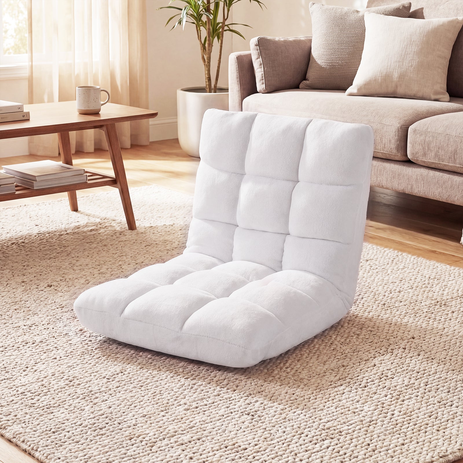 Składany flanelowy fotel podłogowy, rozkładana sofa tatami z 14-stopniową regulacją oparcia, biały, 66,5 x 53 x 53 cm