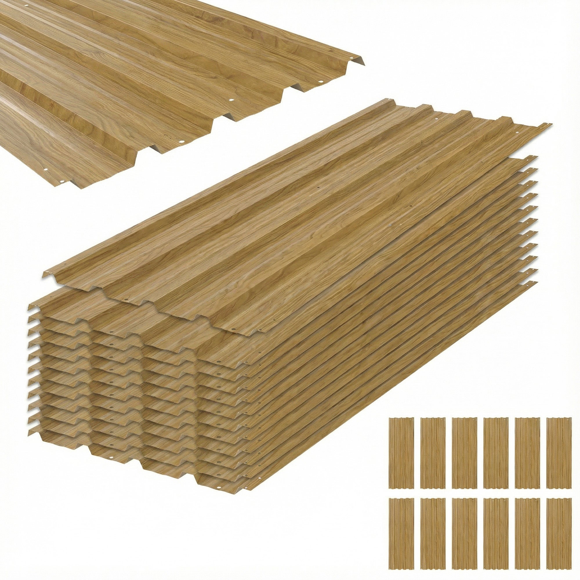 Zestaw 12 ocynkowanych paneli dachowych ze stali (7 m²) do altan ogrodowych, wykończenie w kolorze naturalnego drewna, 129 x 45 cm