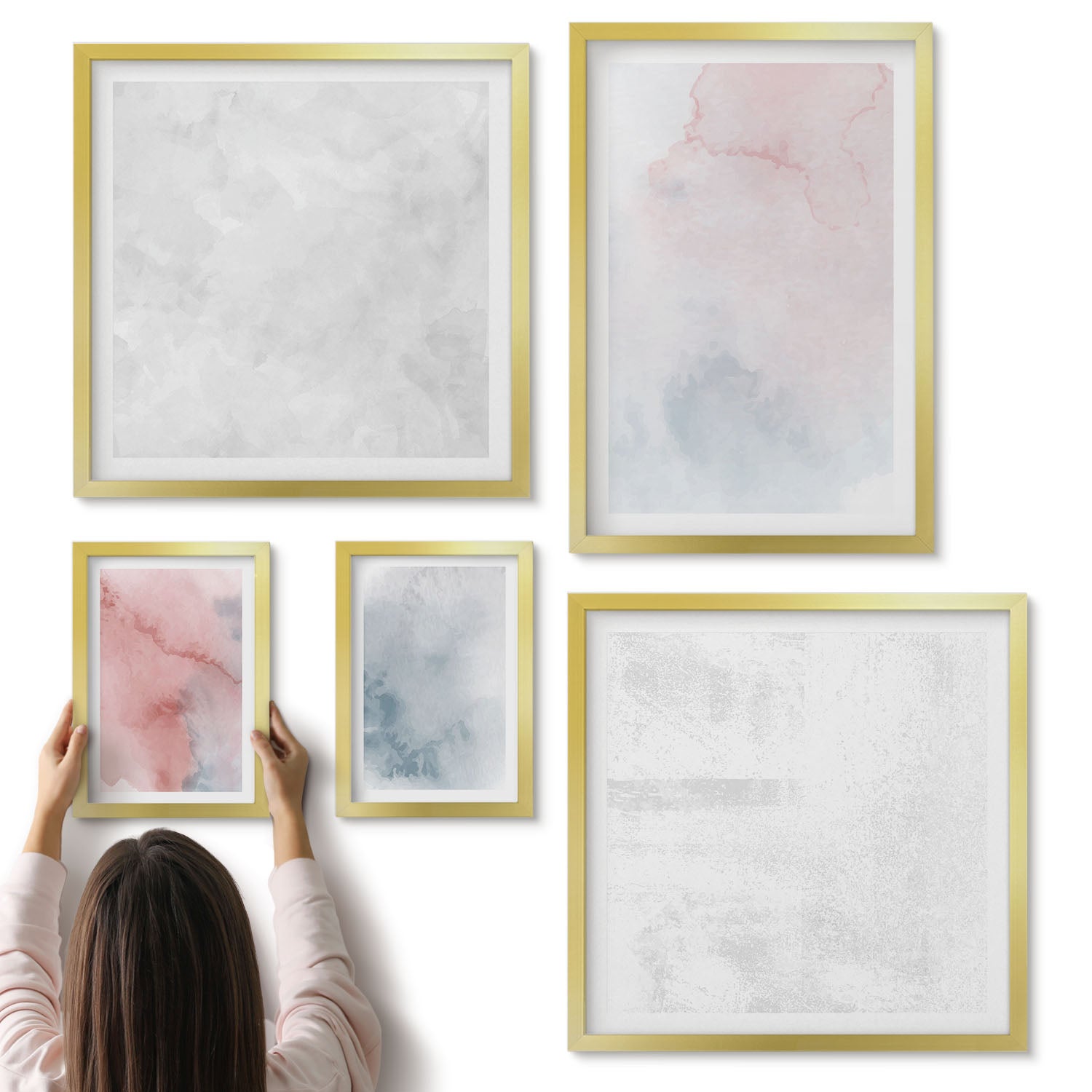 Galeria ścienna 5-częściowy komplet obrazów w złotych ramach - Pastelowe akwarele na płótnie kolorowe tekstury - ArtPrintCave