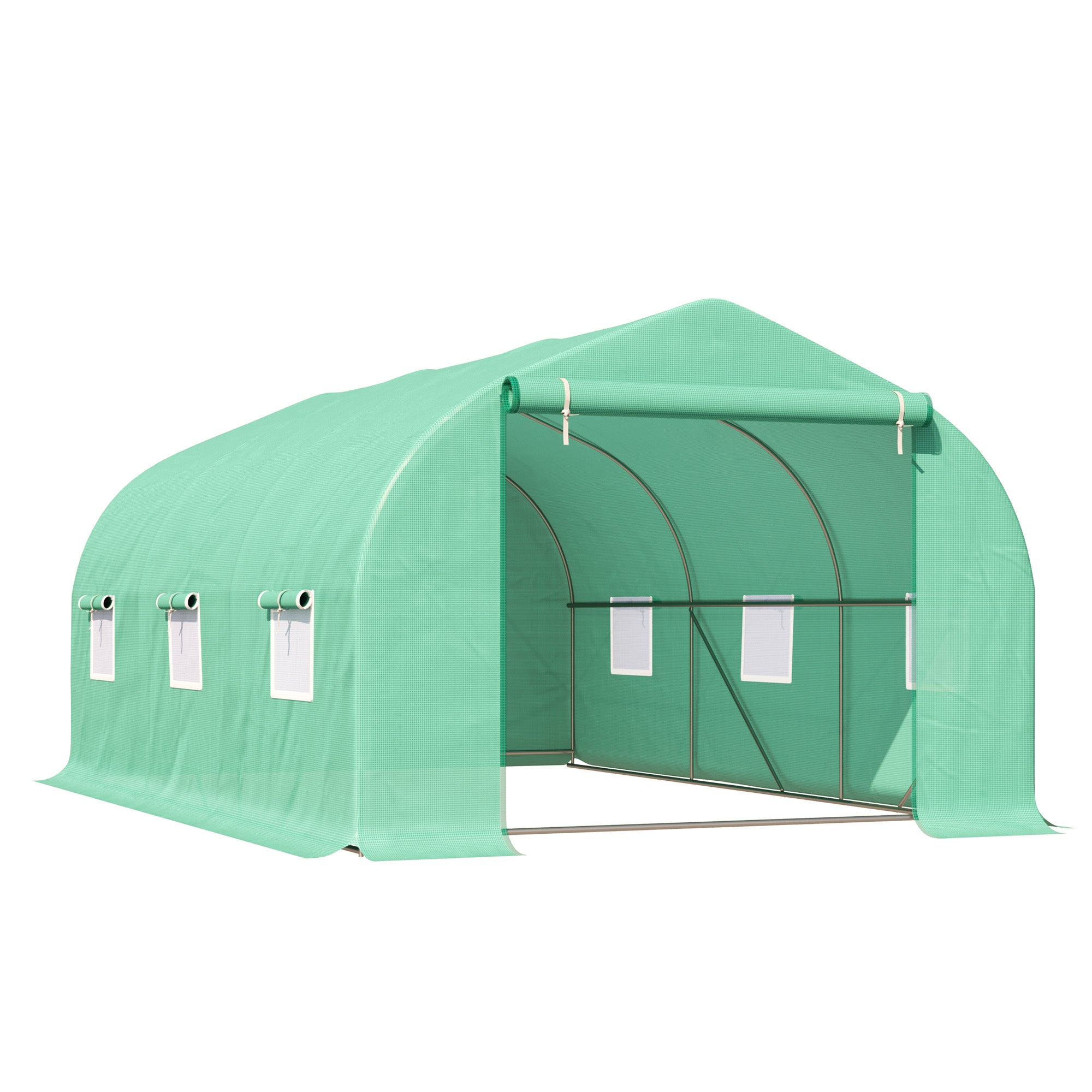 Szklarnia aluminiowa o wymiarach 4,5 x 3 x 2 m z drzwiami rolowanymi, drzwiami zamykanymi na suwak, 6 oknami z siatki, słupkami podporowymi