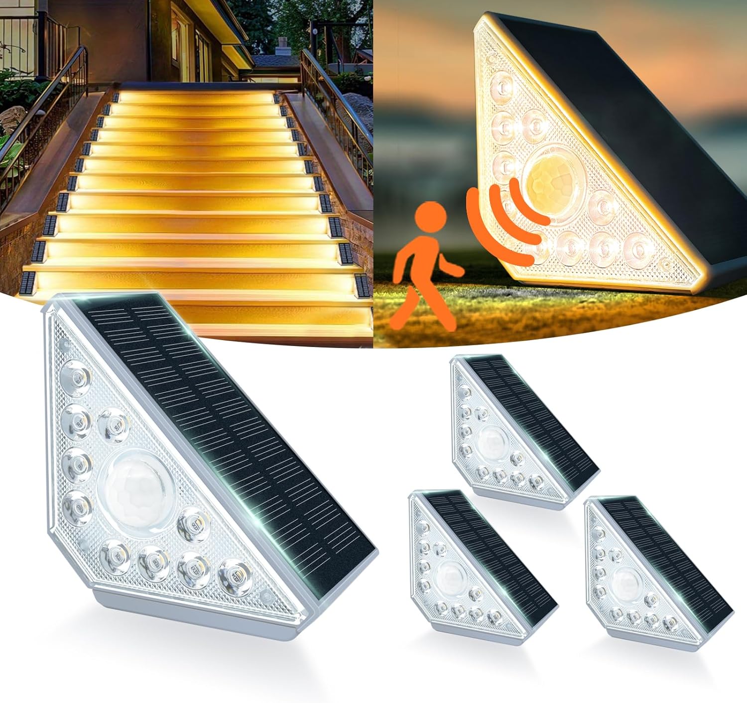 Zestaw 4 zewnętrznych lamp solarnych na schody, z czujnikami ruchu, ciepłe białe światło, wodoodporność IP44.