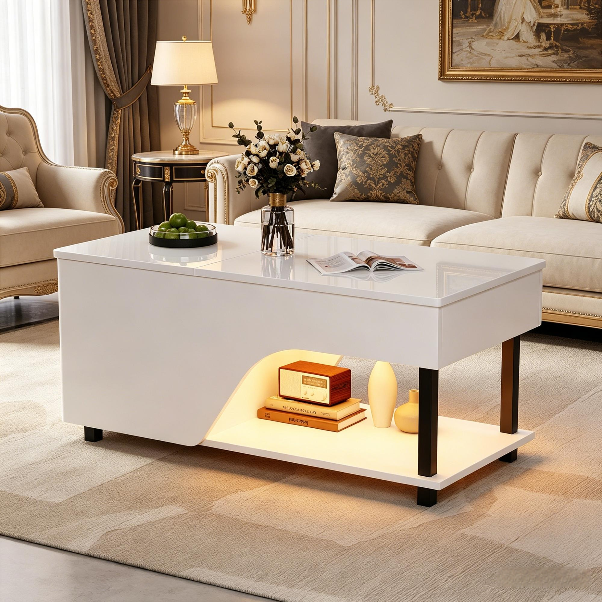 Stolik kawowy z podnoszonym blatem i 2 półkami – 100 x 50 x 46/60 cm – Płyta wiórowa i nogi metalowe – Blat błyszczący – Diody LED – Kolor biały