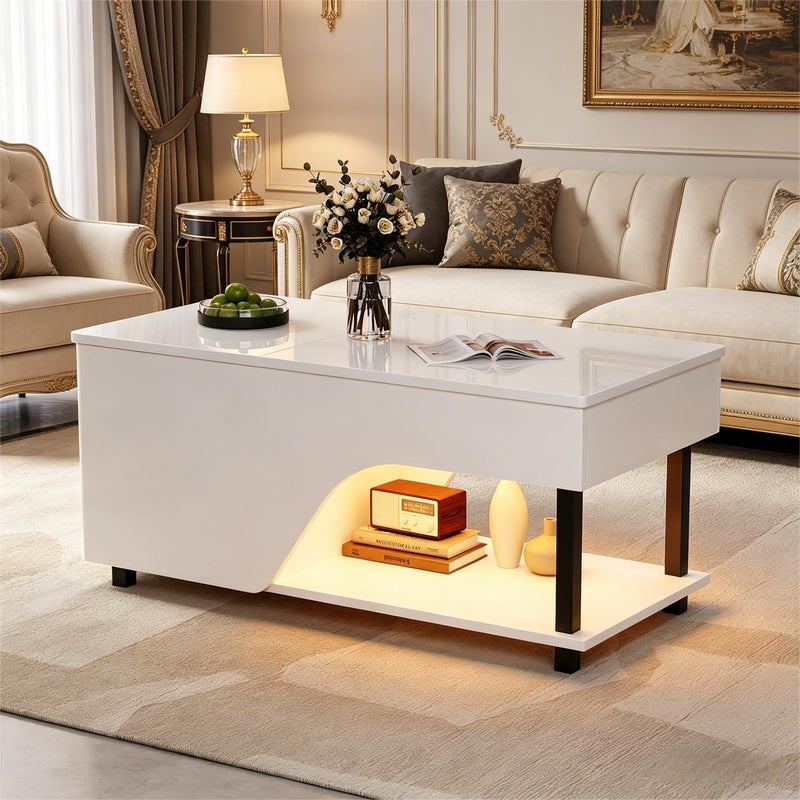Stolik kawowy z podnoszonym blatem i 2 półkami – 100 x 50 x 46/60 cm – Płyta wiórowa i nogi metalowe – Blat błyszczący – Diody LED – Kolor biały