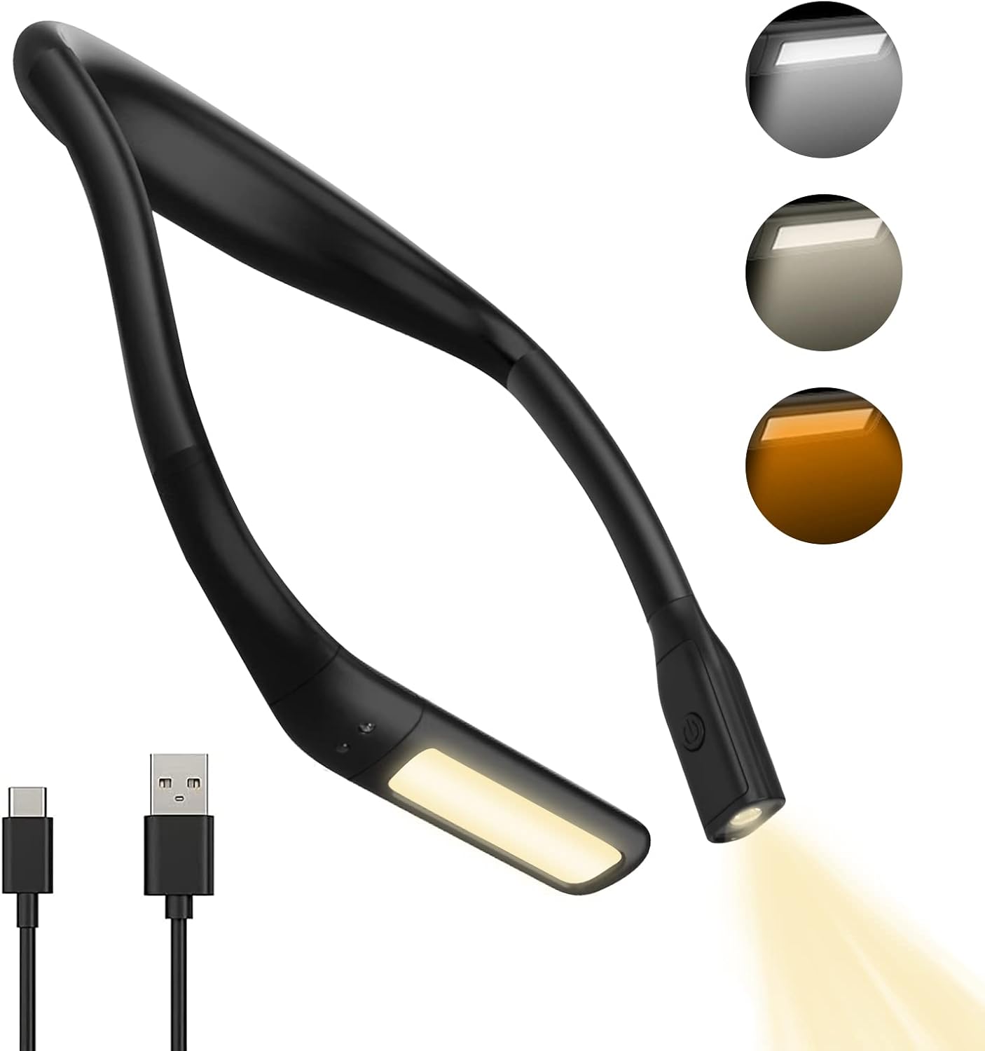 Czarna, akumulatorowa lampa do czytania na szyi, lampa na szyję do czytania w łóżku, ochrona oczu, regulowana jasność, ergonomiczna, wygodna, elastycz