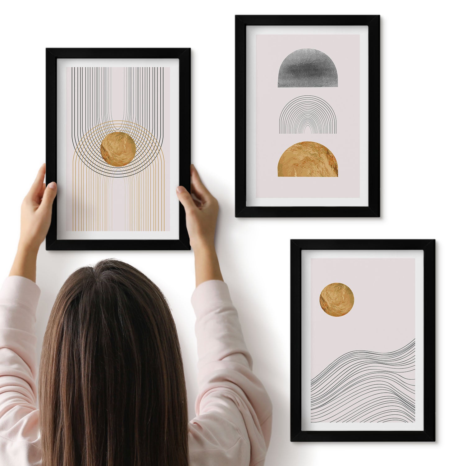Galeria ścienna 3-częściowy komplet obrazów w czarnych ramach - Abstrakcyjne kształty i linie w odcieniach beżu i szarości - ArtPrintCave