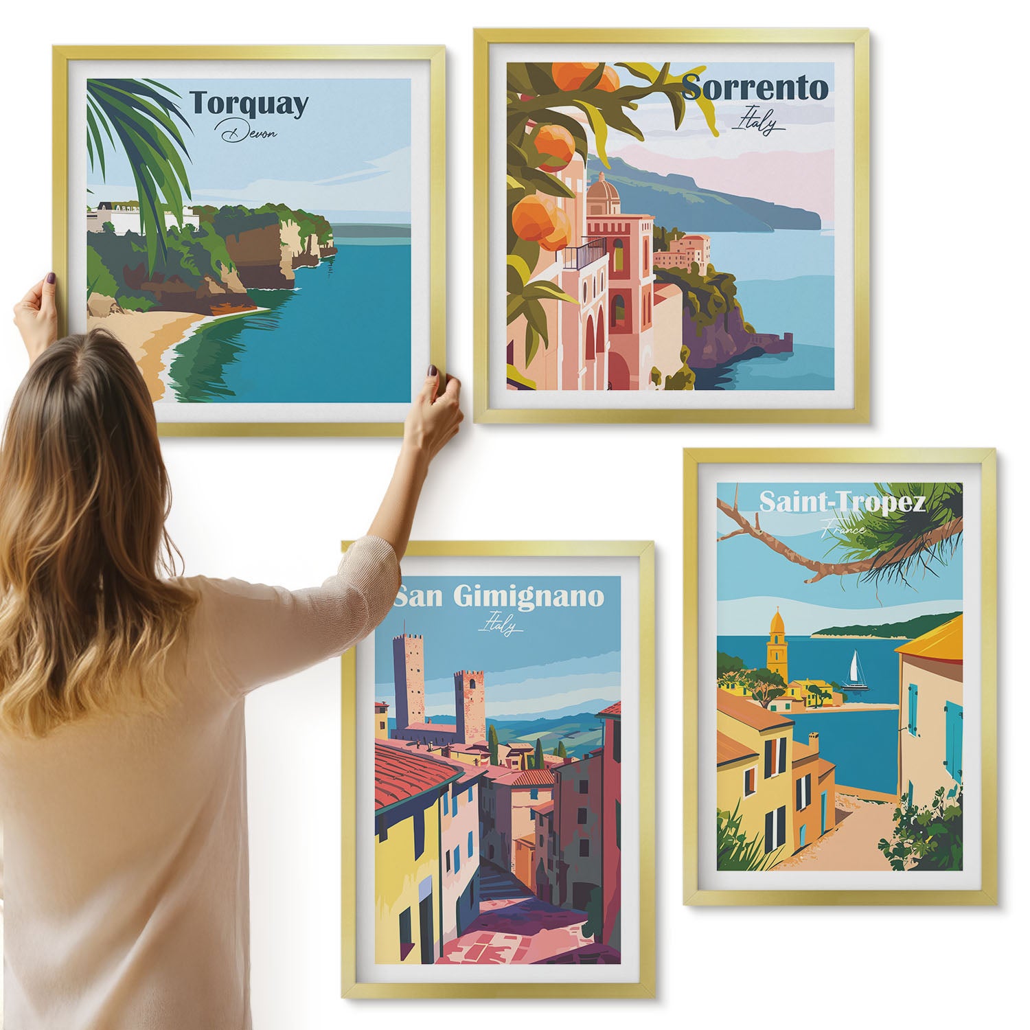 Galeria ścienna 4-częściowy komplet obrazów w złotych ramach - Włoskie miasteczka i nadmorskie krajobrazy retro - ArtPrintCave