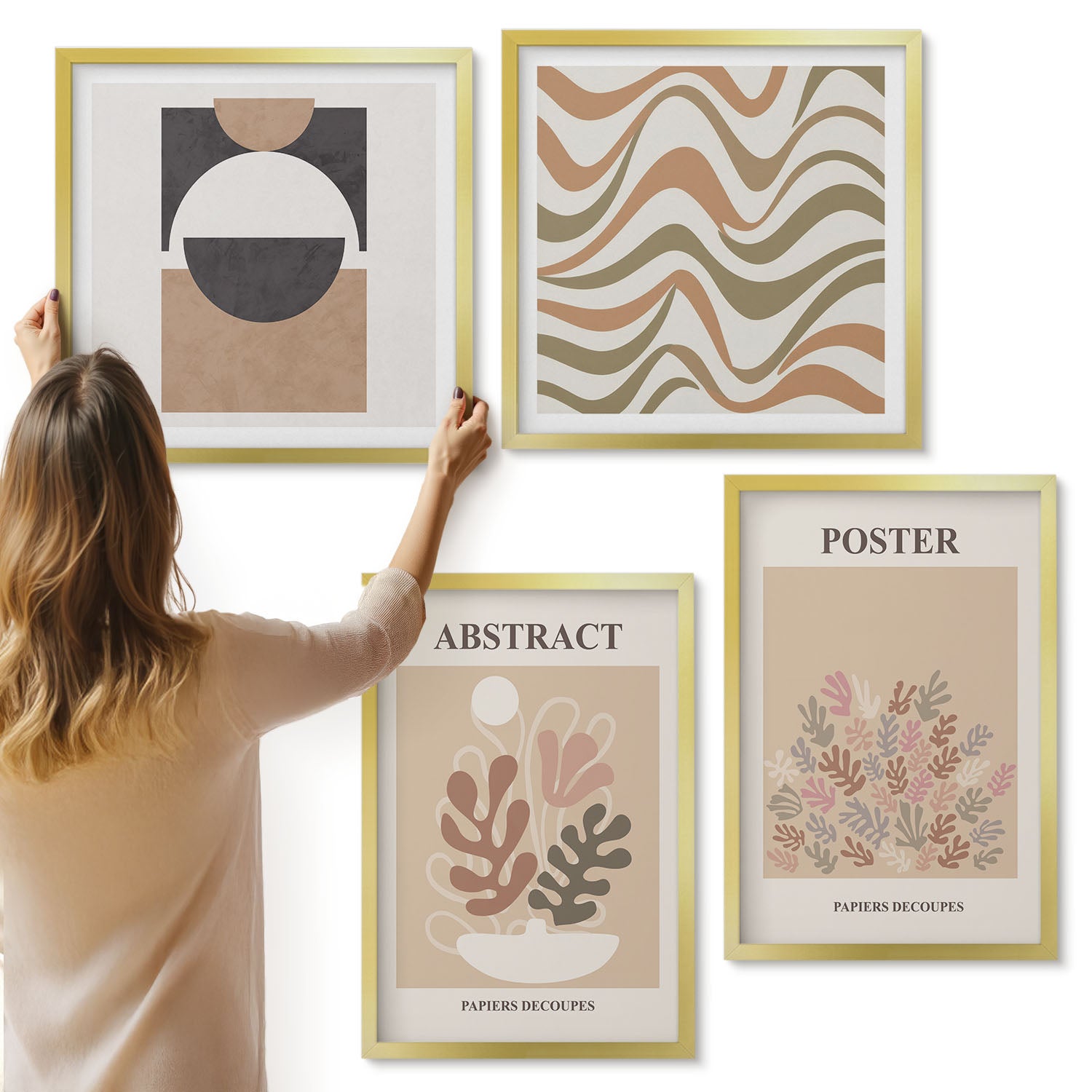 Galeria ścienna 4-częściowy komplet obrazów w złotych ramach - Abstrakcyjne kształty i wzory w stonowanej kolorystyce - ArtPrintCave