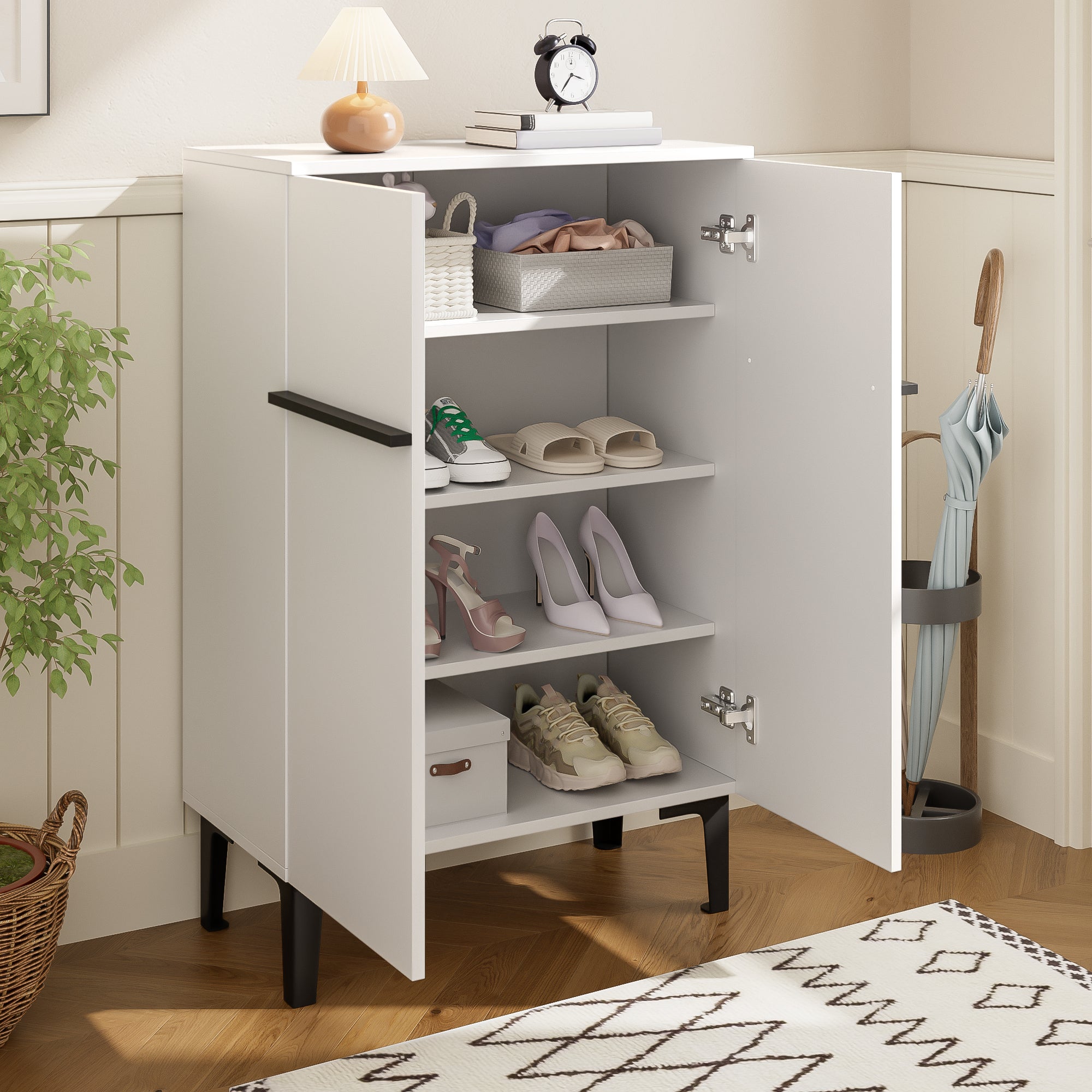 Szafa na buty 95x60x34,5 cm - 2 fronty - Regulowane półki - Wykończenie drewno - Płyty wiórowe - Biały