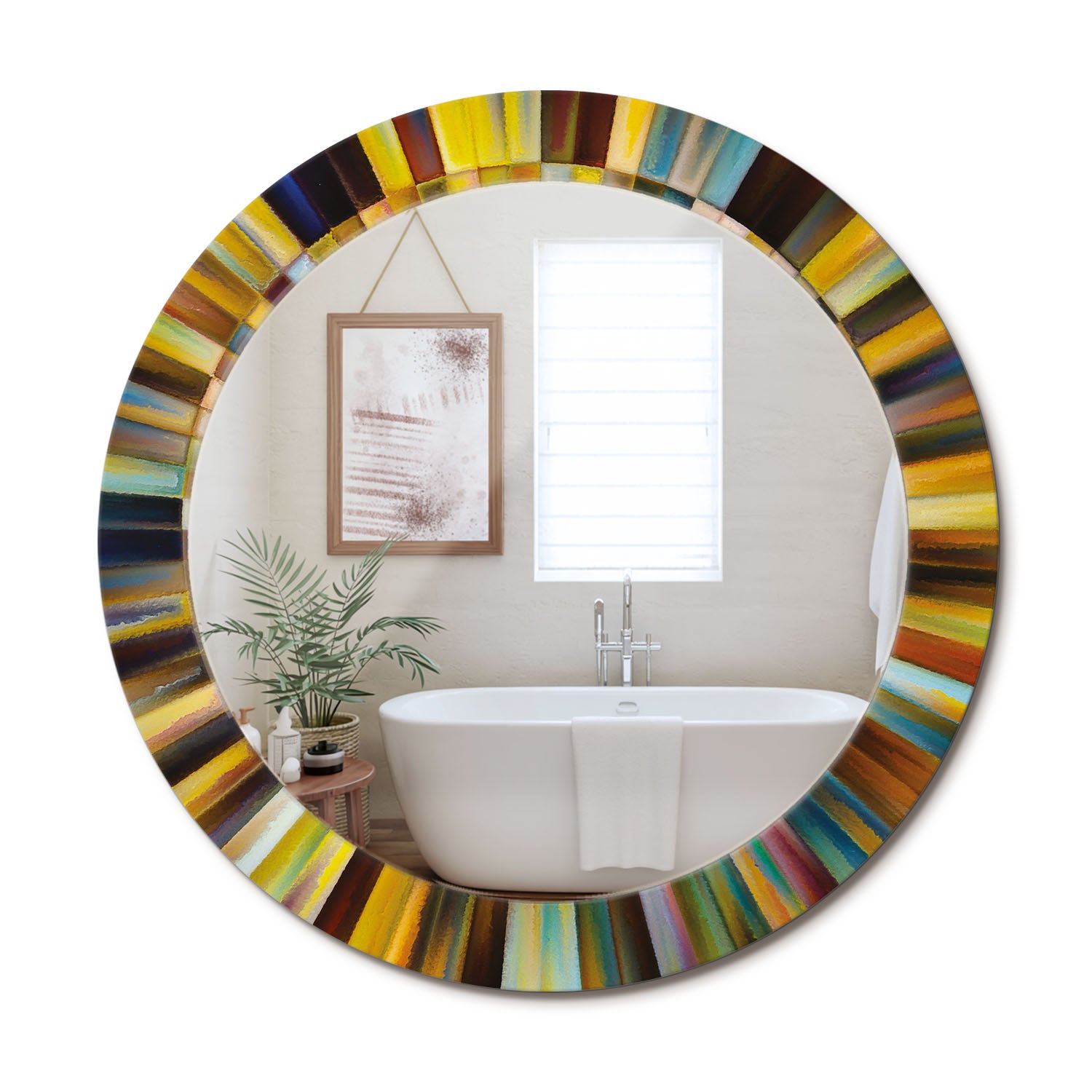 Stylowe lustro ścienne z hartowanym szkłem i printem Kolorowe promienie - 70 cm - ArtPrintCave