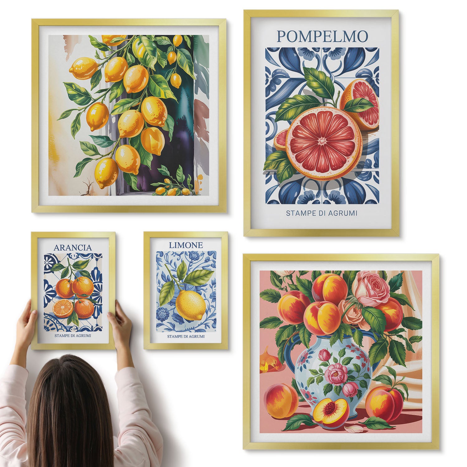 Galeria ścienna 5-częściowy komplet obrazów w złotych ramach - Słoneczne akcenty z owocami cytrusowymi w stylu vintage - ArtPrintCave