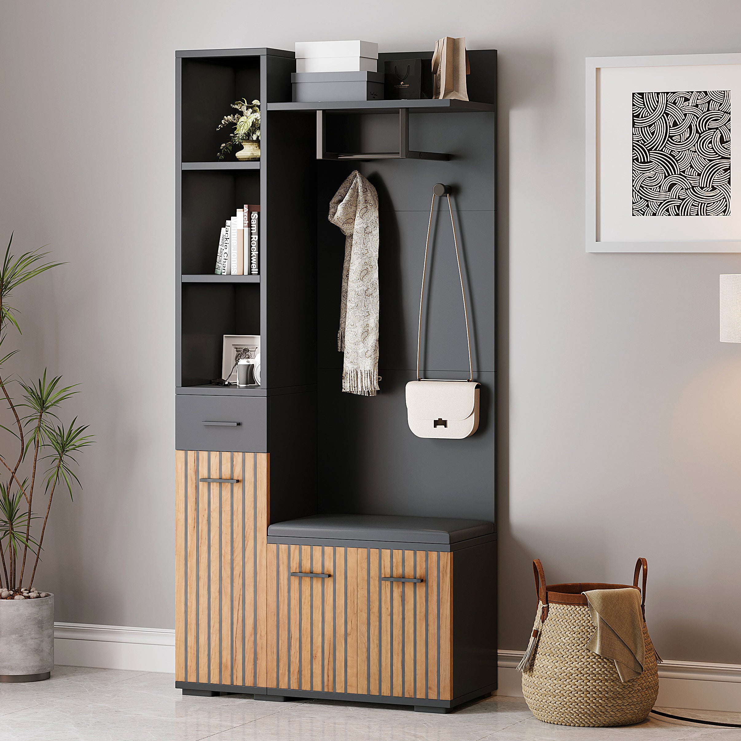 Zestaw szafek na buty z 3 drzwiami, ławką na buty i wieszakiem na ubrania - 80 x 35 x 175 cm - Płyta wiórowa - Czarny + naturalny