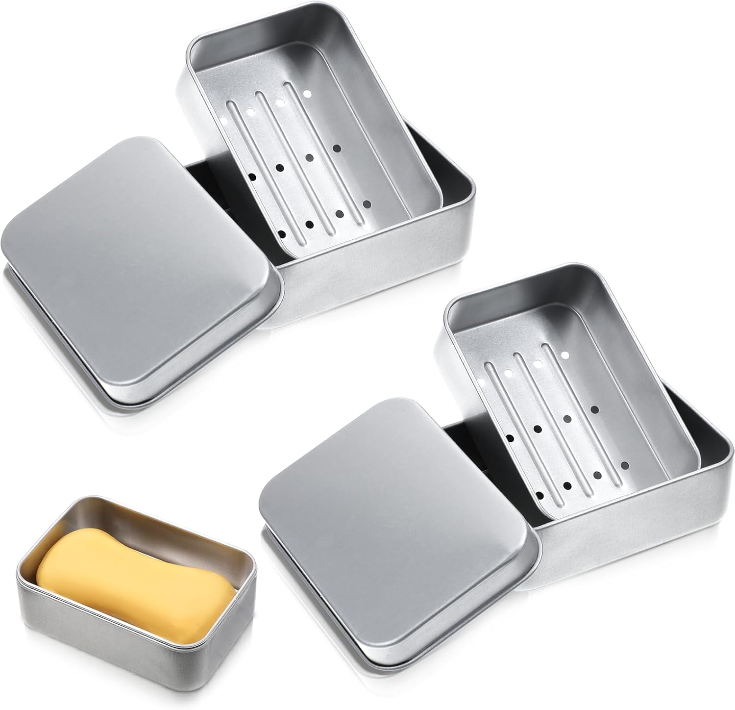 Zestaw 2 solidnych aluminiowych mydelniczek podróżnych z wyjmowanym ociekaczem do użytku w podróży i w domu
