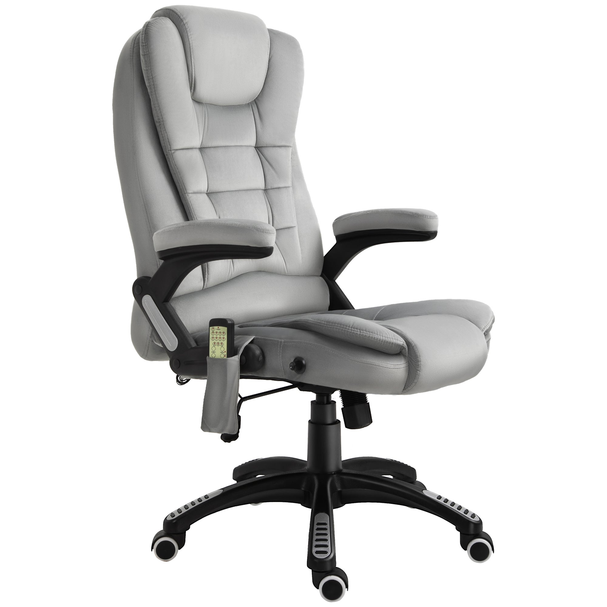 Ergonomiczny fotel z masażem, podgrzewanie, odchylanie, bujanie, regulacja wysokości, obrotowy 360°, kieszeń boczna, aksamit, szary.