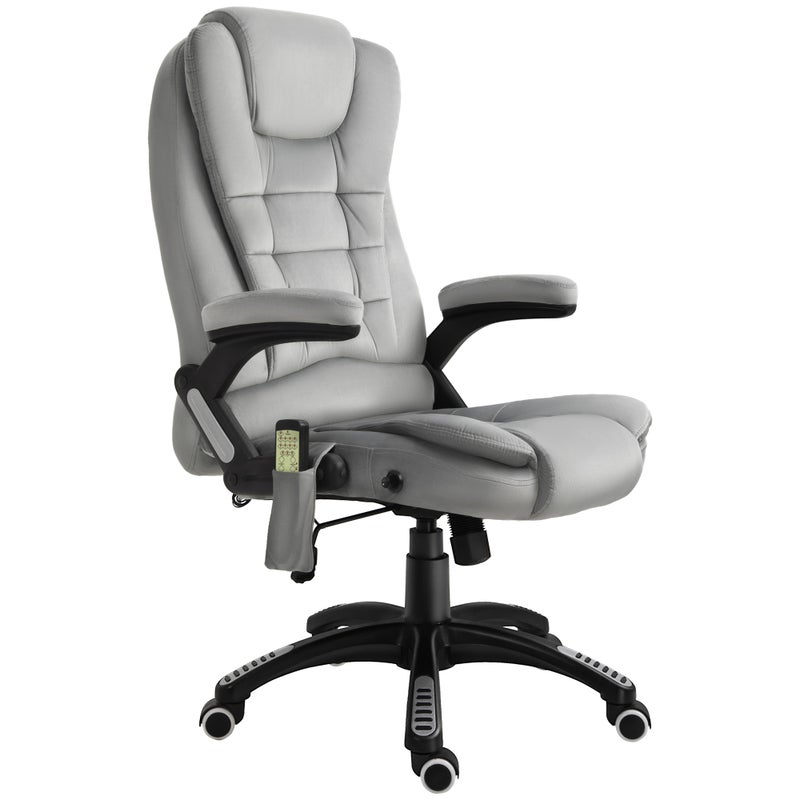 Ergonomiczny fotel z masażem, podgrzewanie, odchylanie, bujanie, regulacja wysokości, obrotowy 360°, kieszeń boczna, aksamit, szary.