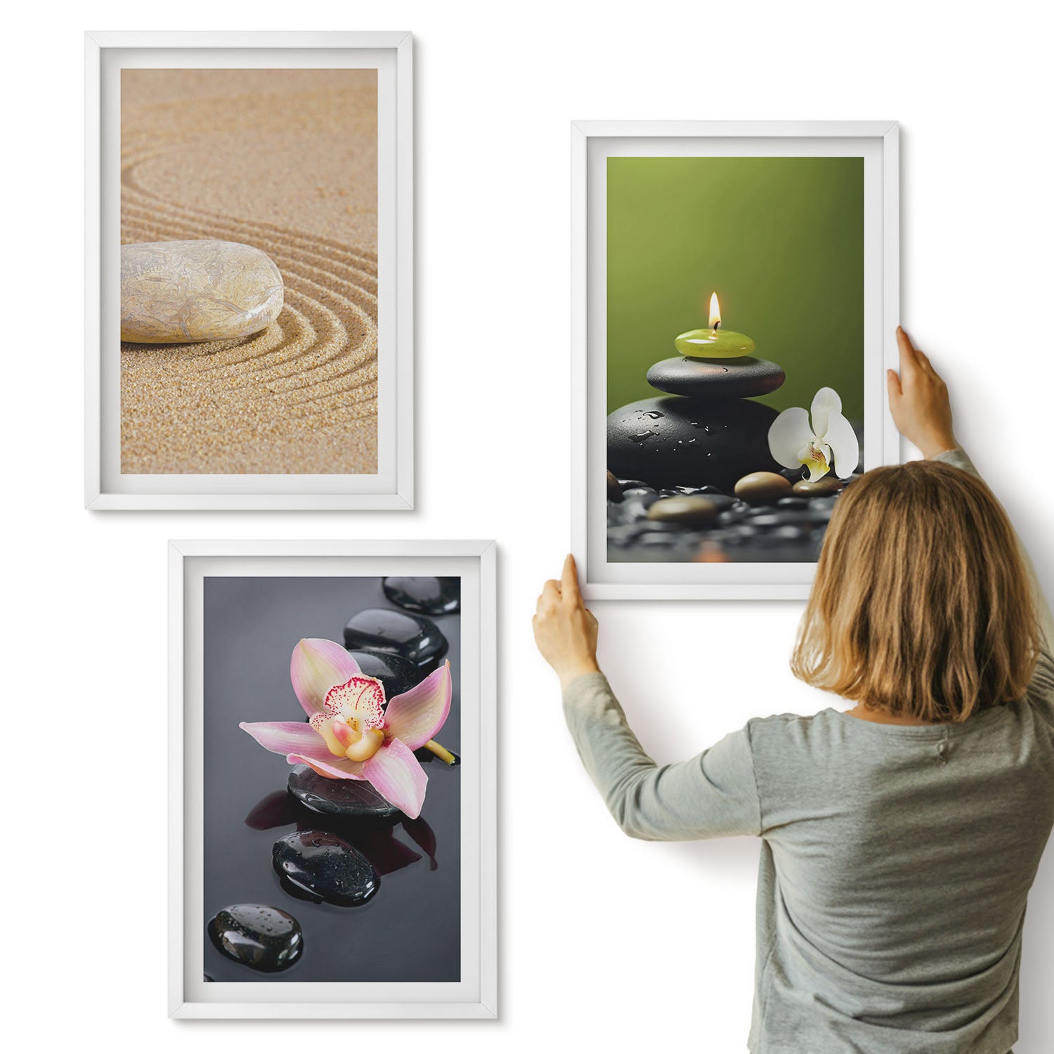 Galeria ścienna 3-częściowy komplet obrazów w białych ramach - Relaksujące motywy kamieni spokój i zen - ArtPrintCave