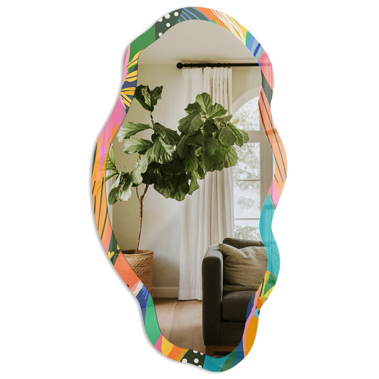 Nowoczesne lustro z designerską ramą szklaną – dekoracja wnętrz - Kolorowe pióra 52x97cm