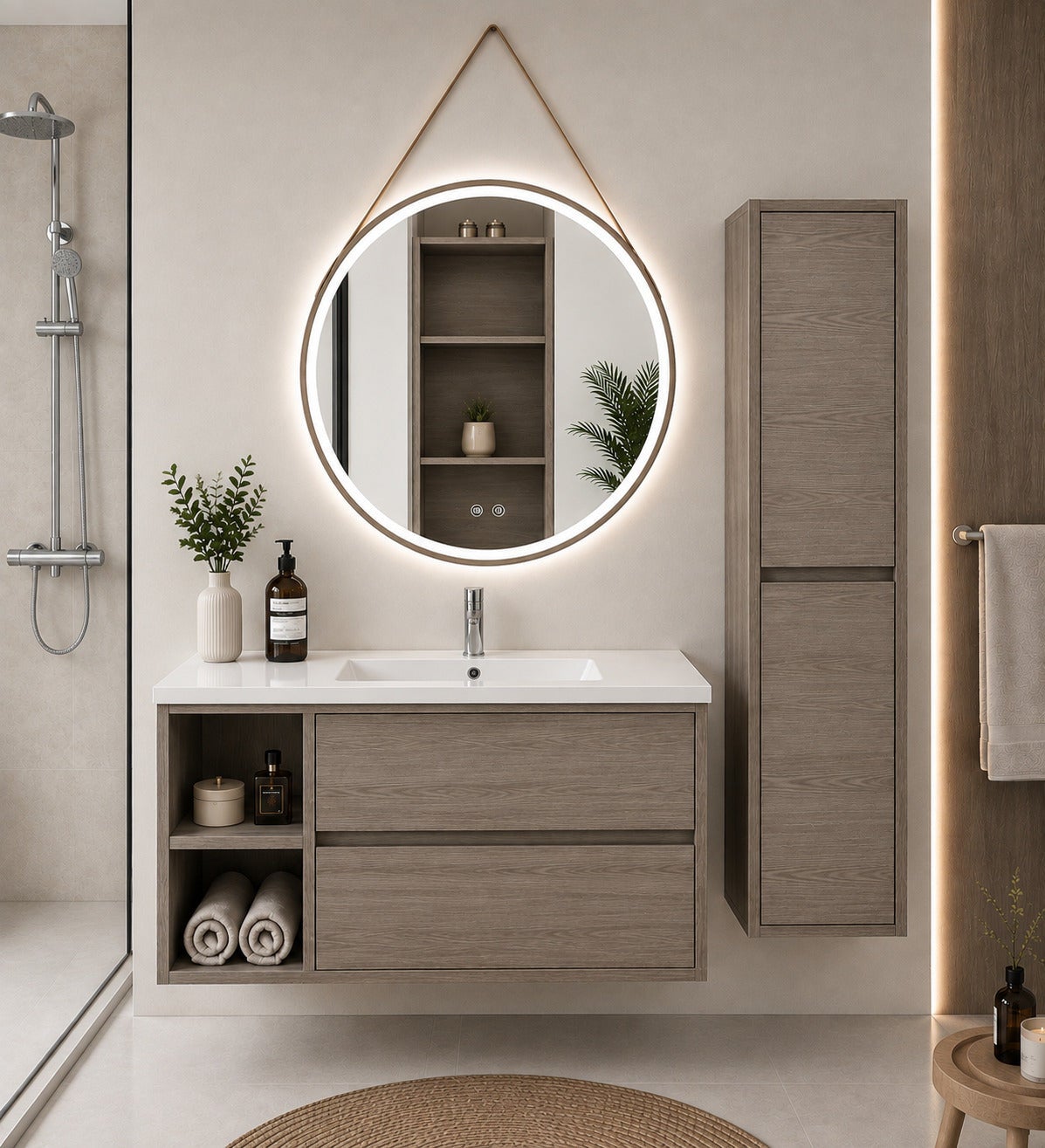 Szafka łazienkowa z umywalką ORIGENBATH ZEUS bez lustra 70x40 cm Lewa strona dąb smoky z kolumną