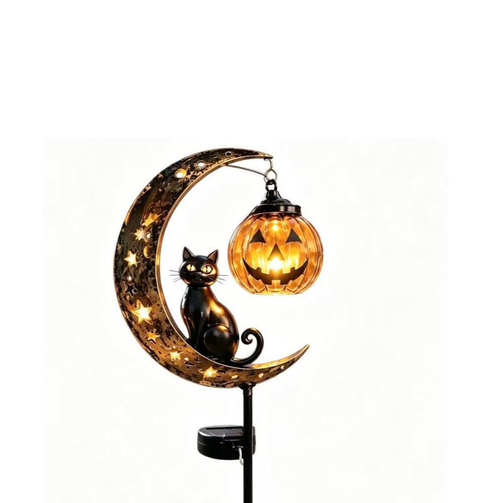 Lampki solarne na Halloween w kształcie dyni i czarnego kota - Dekoracyjna lampa zewnętrzna LED w kształcie półksiężyca