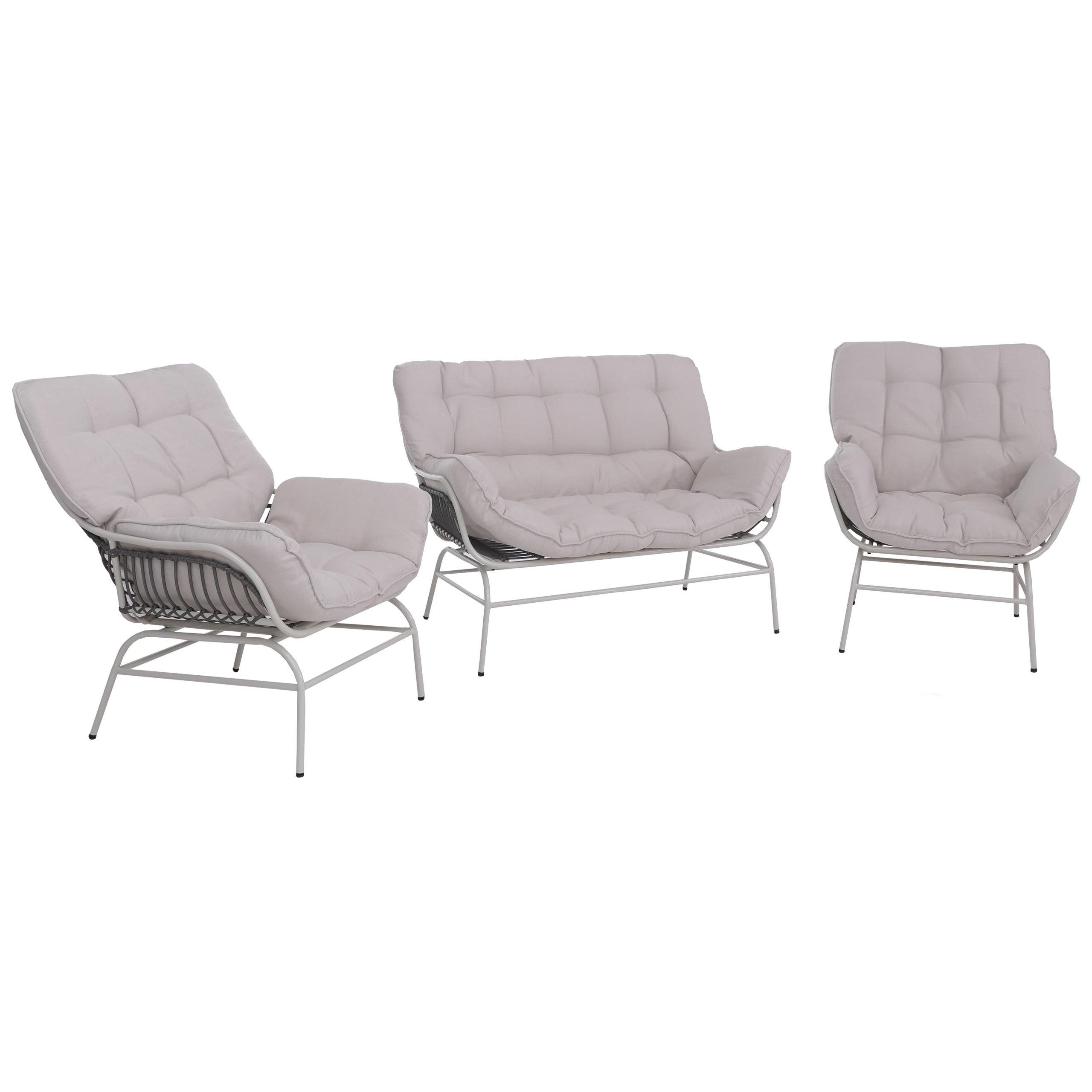 Zestaw wypoczynkowy HWC-P75, zestaw ogrodowy Sofa Zestaw wypoczynkowy, tkanina 220 g/m² Polirattan Metal ~ jasnoszary, tapicerka beżowa