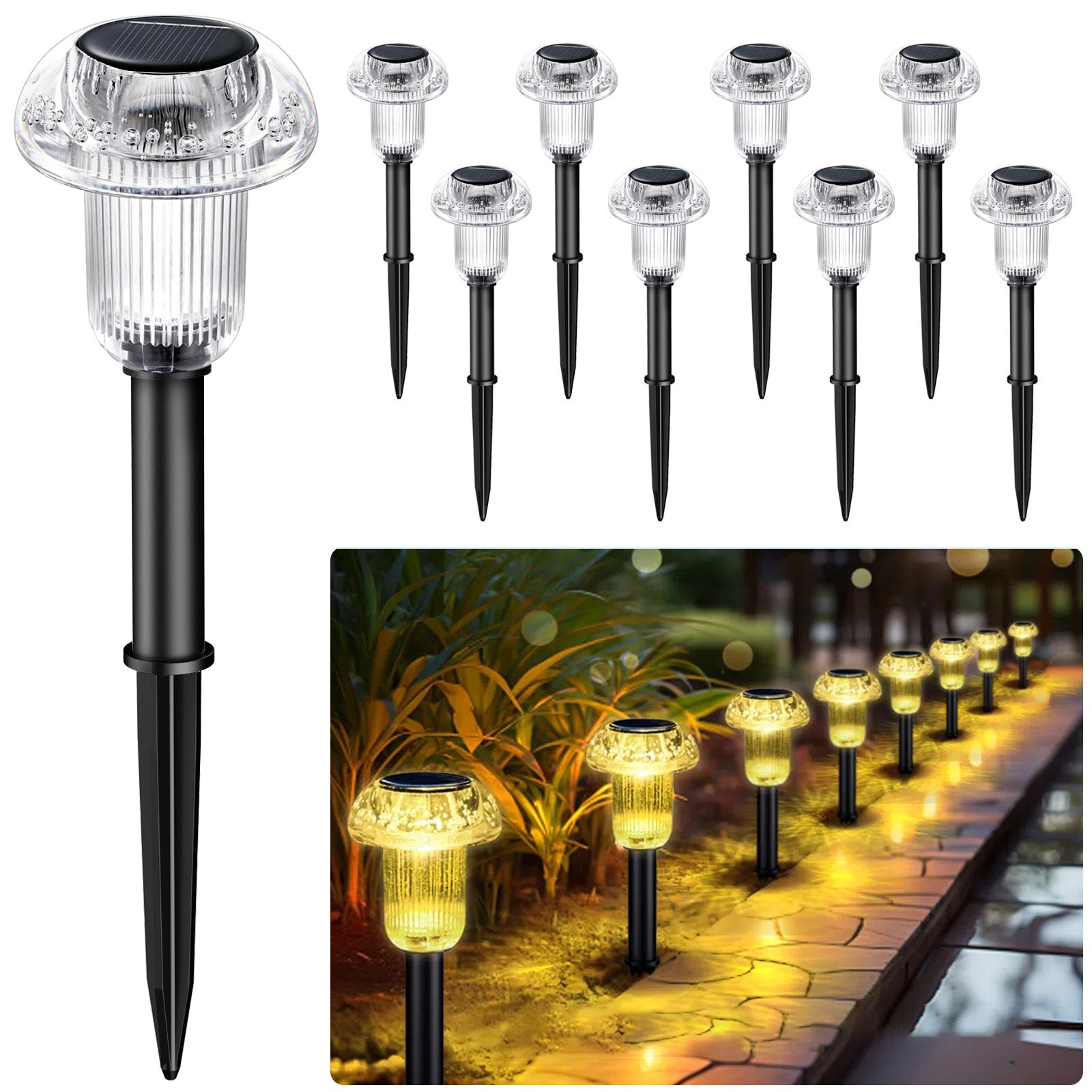 Zestaw 8 zewnętrznych lamp solarnych, wodoodporne lampy solarne na podjazd, lampy LED w kształcie grzybów, lampa solarna na paliku ogrodowym