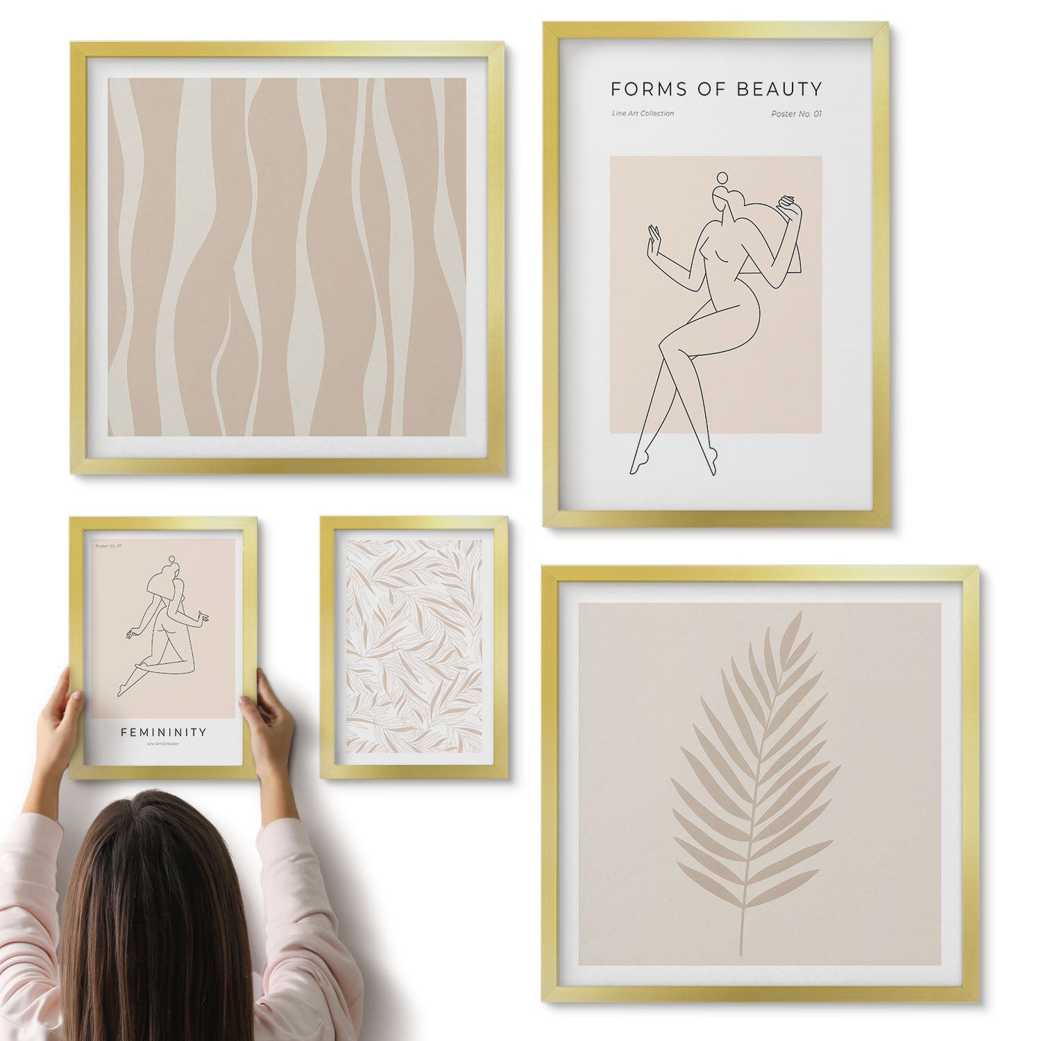 Galeria ścienna 5-częściowy komplet obrazów w złotych ramach - Stylowe grafiki z kobiecymi sylwetkami i roślinnymi motywami - ArtPrintCave