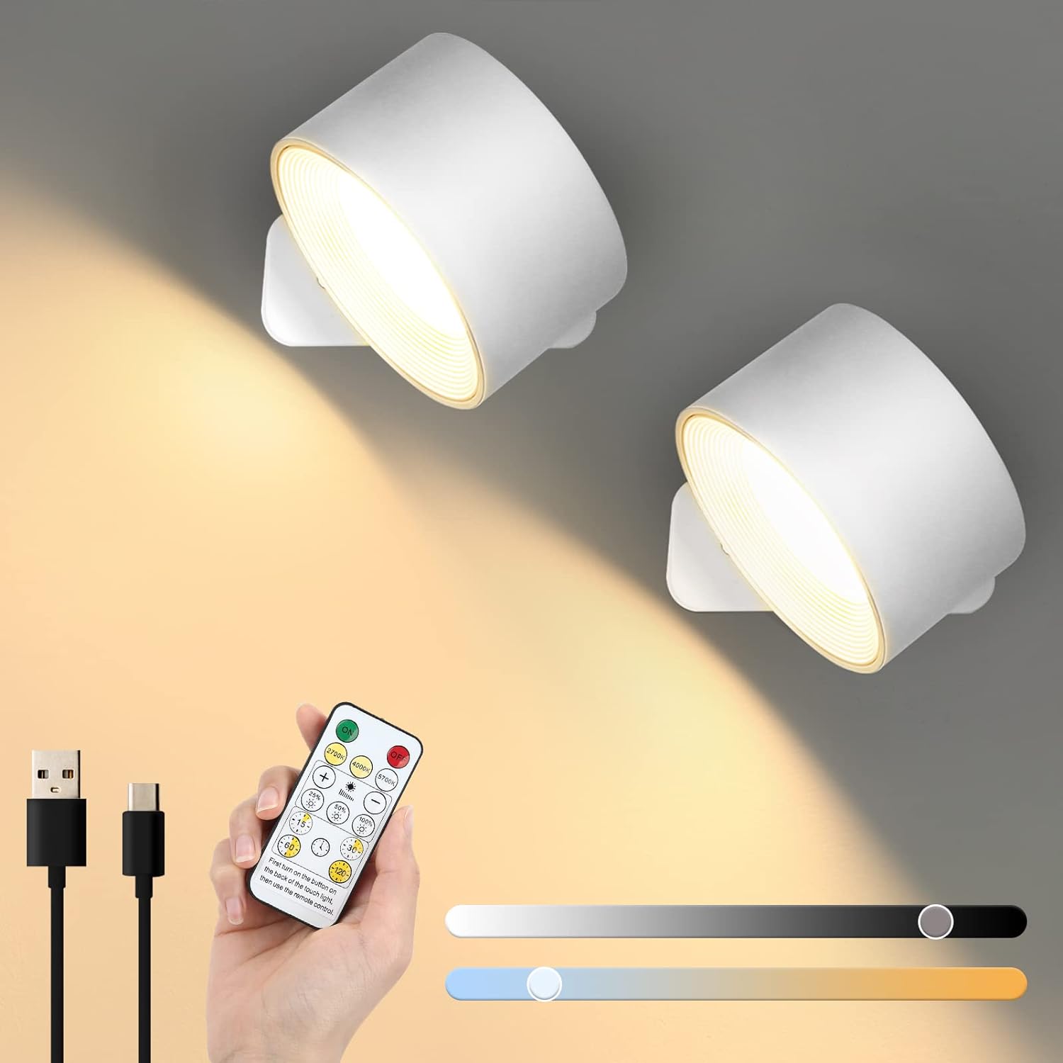 2 lampy ścienne LED, ładowalne lampy ścienne, z 3 temperaturami barwowymi i pilotem, kula magnetyczna obracająca się o 360