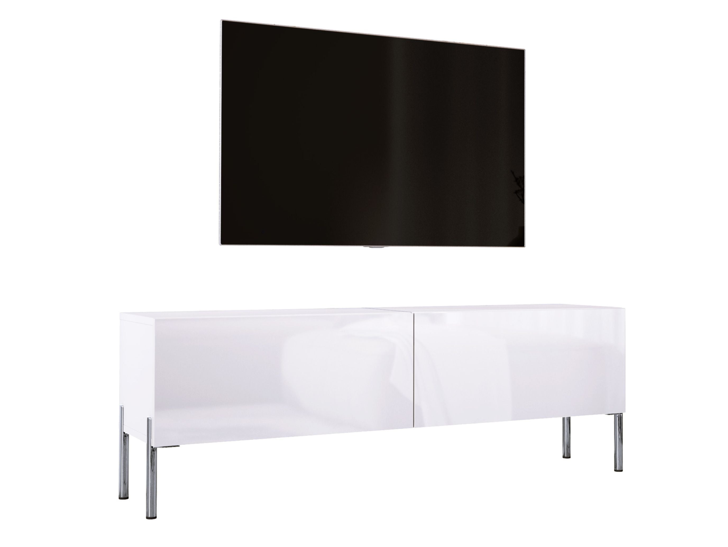 Szafka RTV: Biały Matowy / Biały Błyszczący, Nogi Chromowane, 140 x 52 x 32 cm