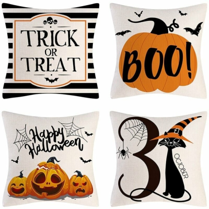 Zestaw 4 poszewek na poduszki na Halloween 45 x 45 cm – Cukierek albo psikus! Lniane poszewki na poduszki na sofy i łóżka – Wesołego Halloween!
