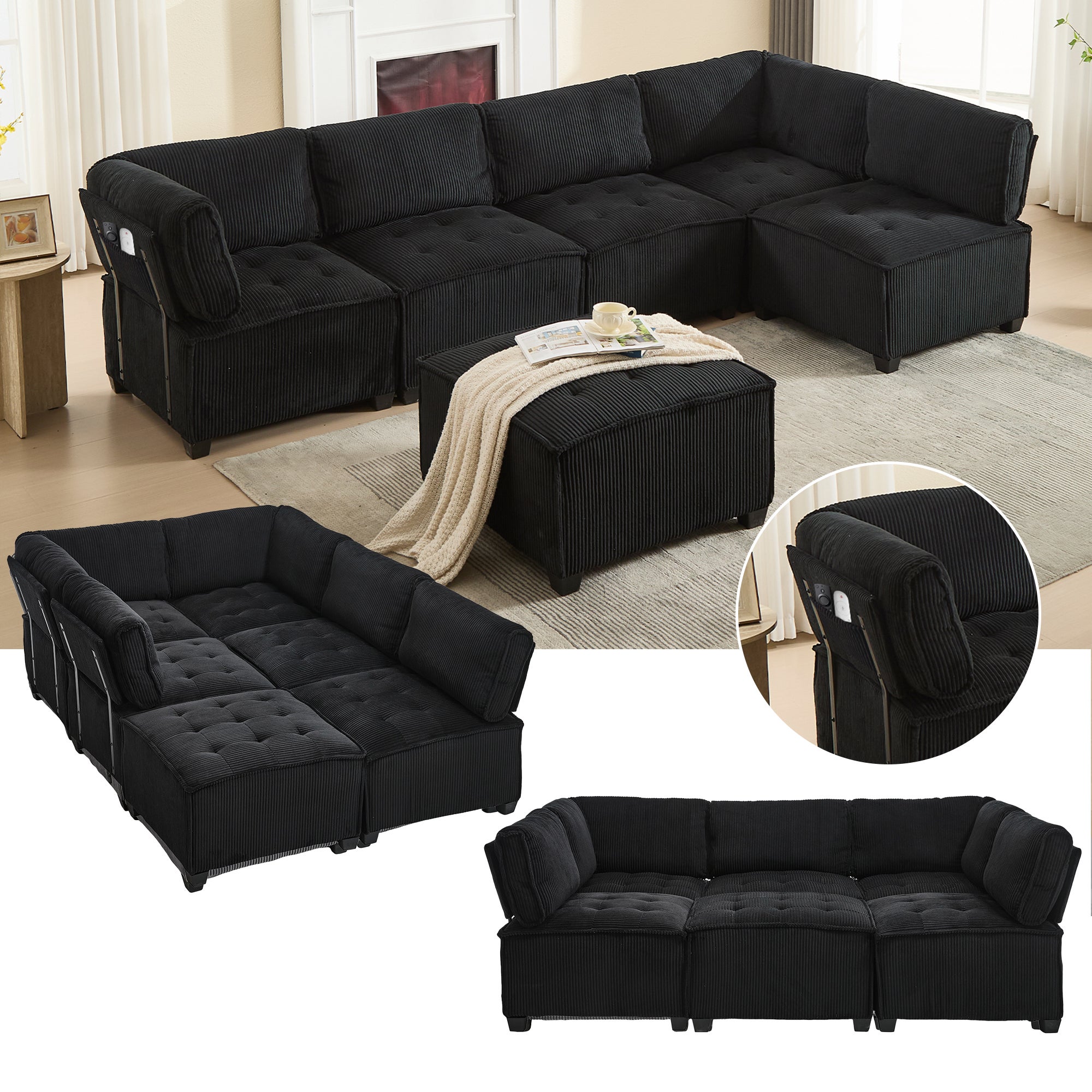 Sofa Modułowa 6-Osobowa Sztruksowa Czarna, Kształt U lub L, z Kieszeniami do Przechowywania do Salonu