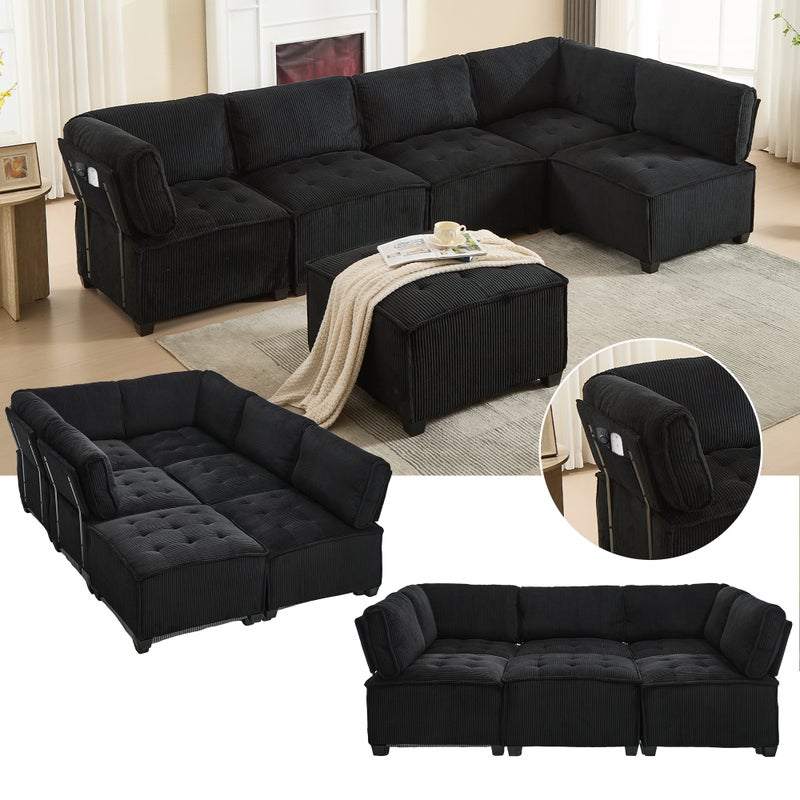 Sofa Modułowa 6-Osobowa Sztruksowa Czarna, Kształt U lub L, z Kieszeniami do Przechowywania do Salonu