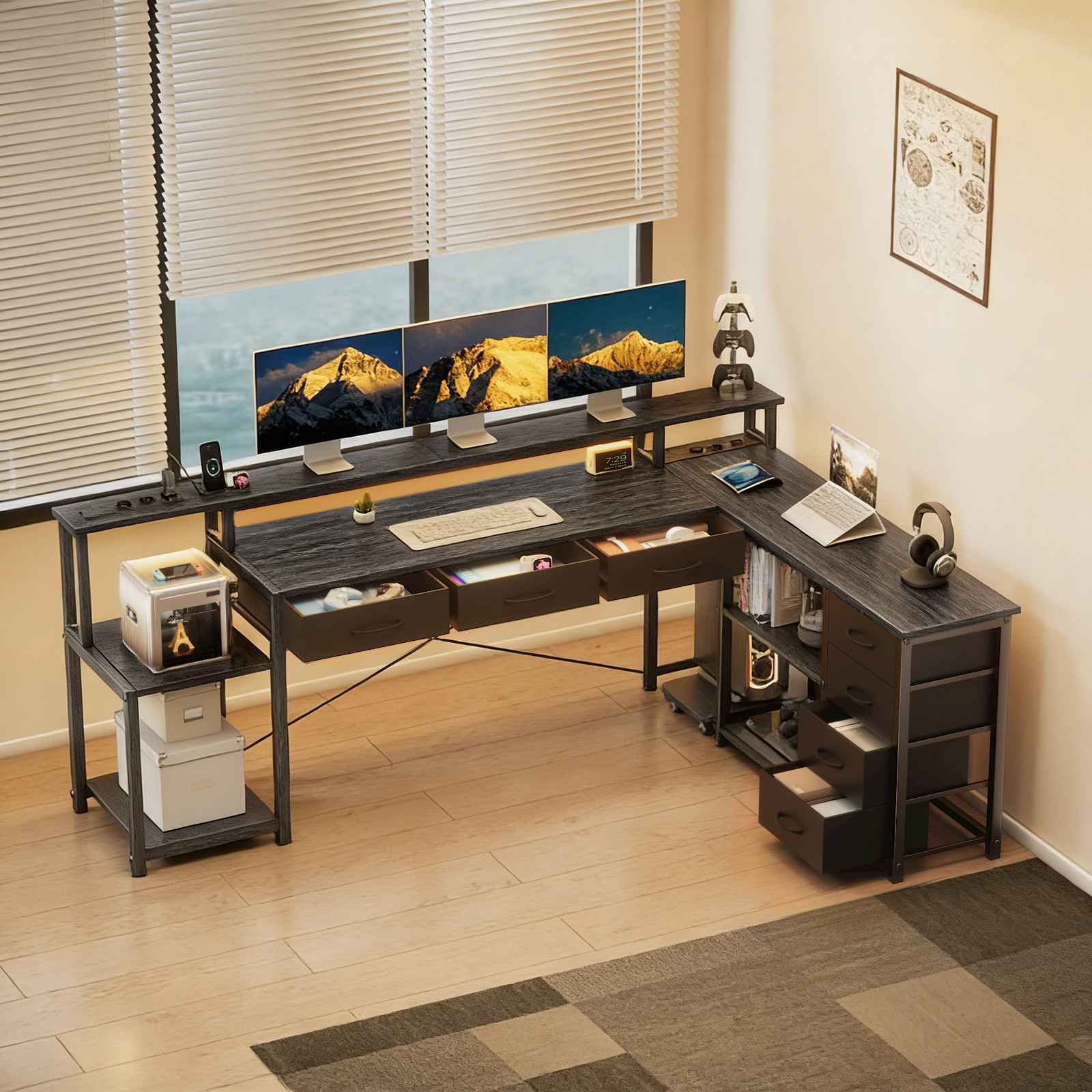 Biurko gamingowe L 200 cm, 2 stanowiska, LED RGB, ergonomiczna podstawka pod monitor, USB/AC, industrialne, duży schowek.