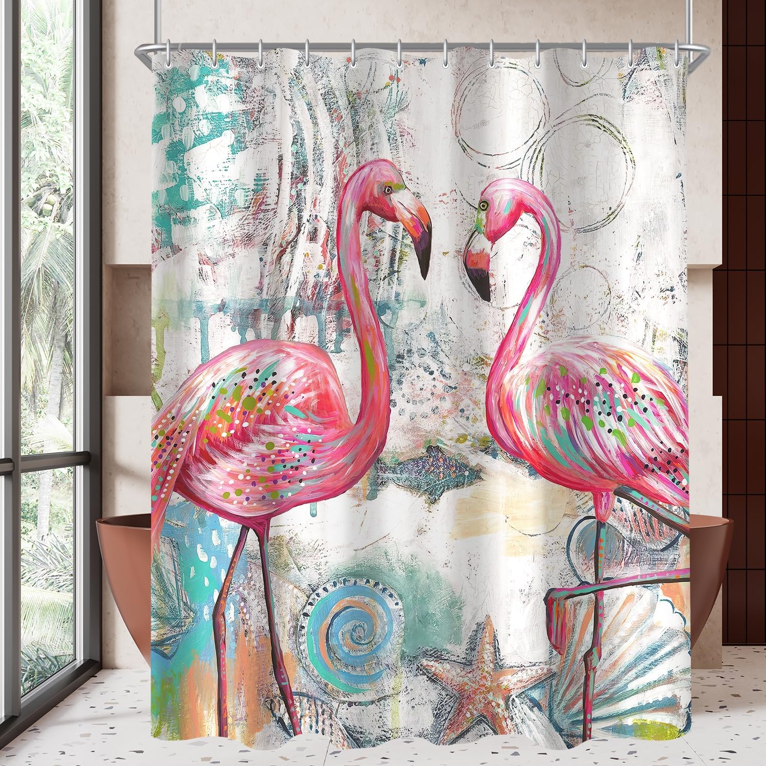 Zasłona prysznicowa 180 x 200 cm, wzór z ptaszkami i roślinami, obciążony brzeg, odporna na pleśń, wykonana z materiału tekstylnego, hydrofobowa, zmyw