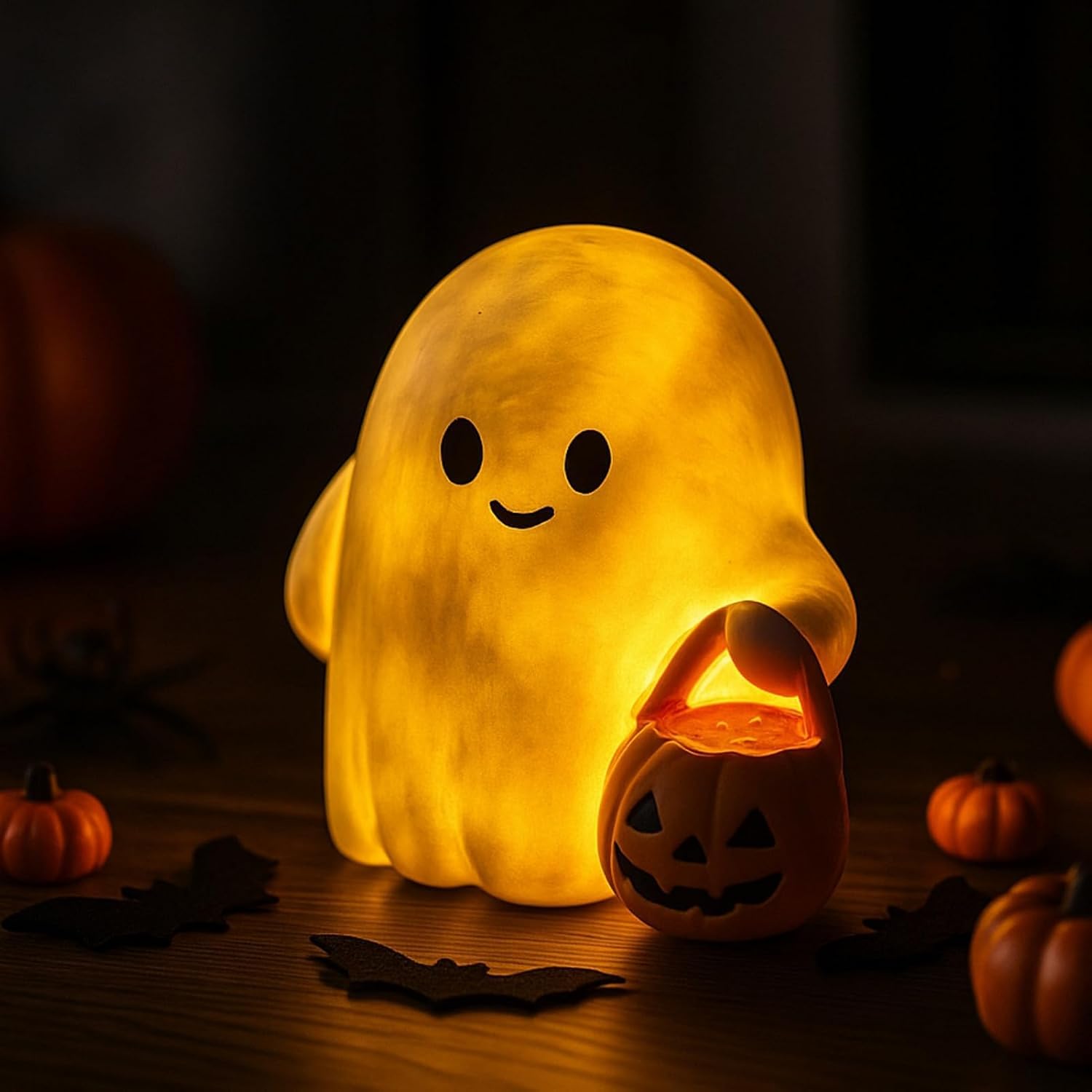 Lampka nocna z dyniowym duchem na Halloween, dekoracje LED na Halloween, urocza świecąca w ciemności figurka ducha, ozdoby w kształcie dyniowego duch