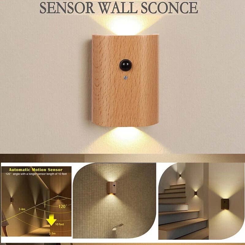 1szt, lampa ścienna LED, czujnik ruchu PIR, ładowany przez USB, drewno, nastrojowe światło, przedpokój schody do domu