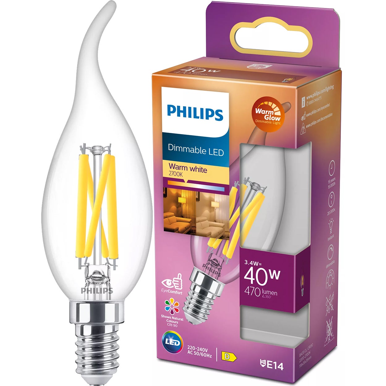 Żarówka LED Philips E14 Świeczka BA35 3.4W 470lm 2700K Filament Ściemnialna WarmGlow Dimmable