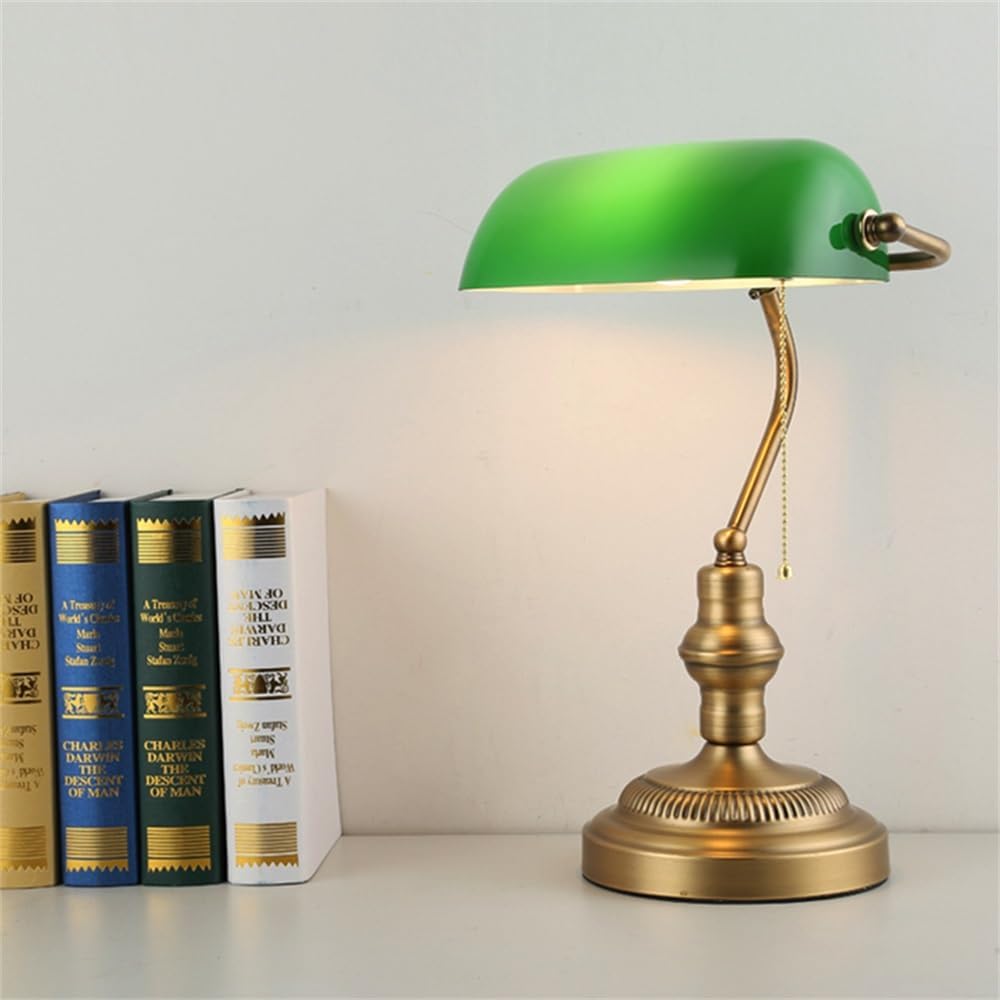 Lampa biurkowa w stylu retro w kolorze zielonym – podstawa ze szkła i mosiądzu – włącznik łańcuszkowy – do biur, sypialni, bibliotek
