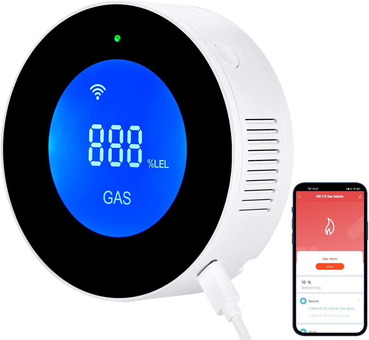Detektor gazu ziemnego WiFi, przenośny alarm wycieku gazu kompatybilny z aplikacją Smart App, Tuya, czujnik gazu metanu z alarmem głosowym 85 dB i w